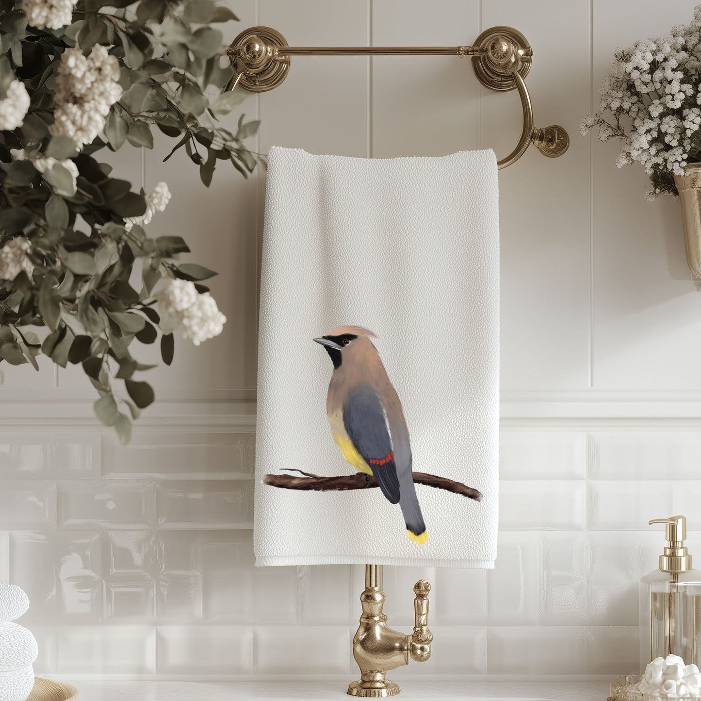 Cedar Waxwing Bathroom Towel - MerikaArt
