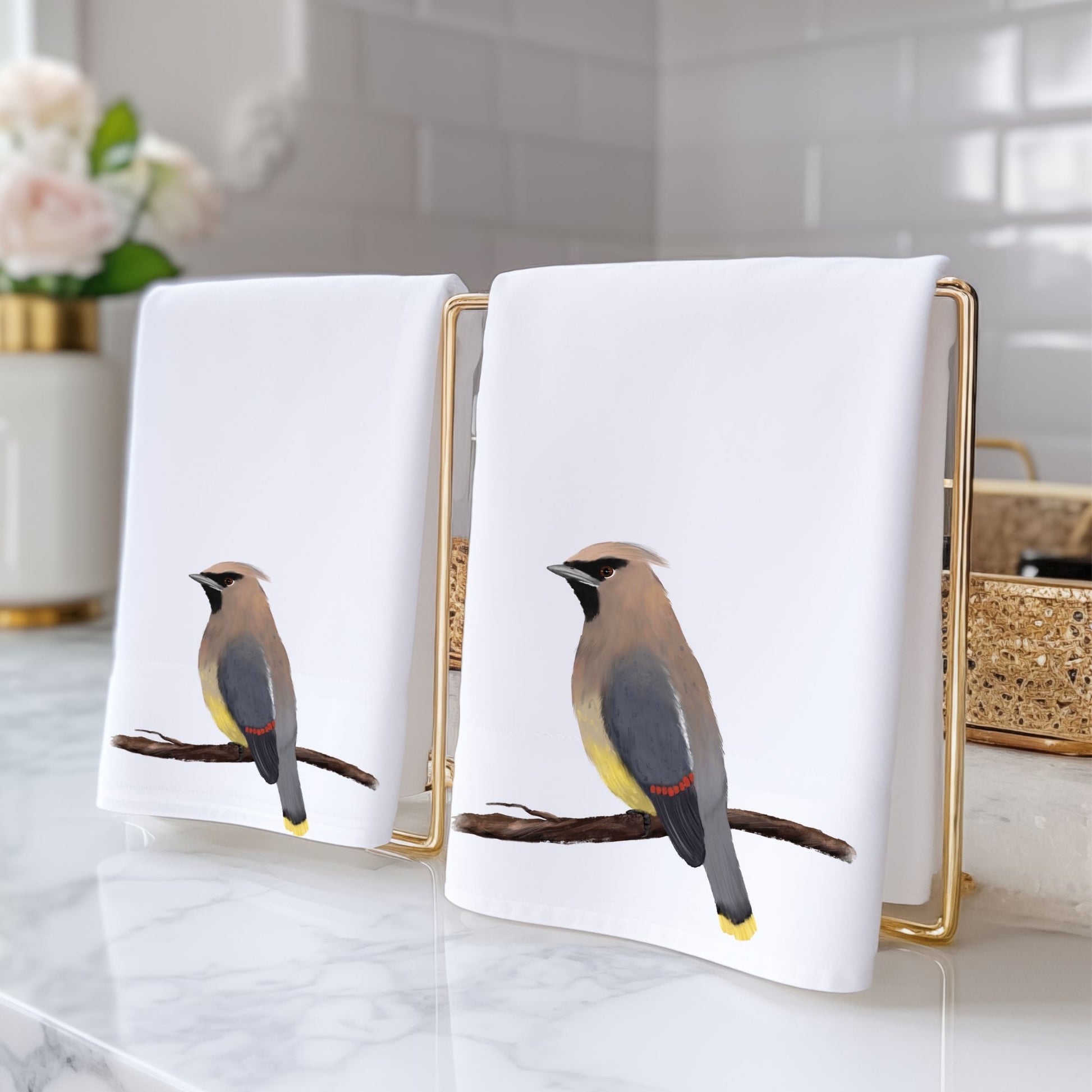 Cedar Waxwing Bathroom Towel - MerikaArt