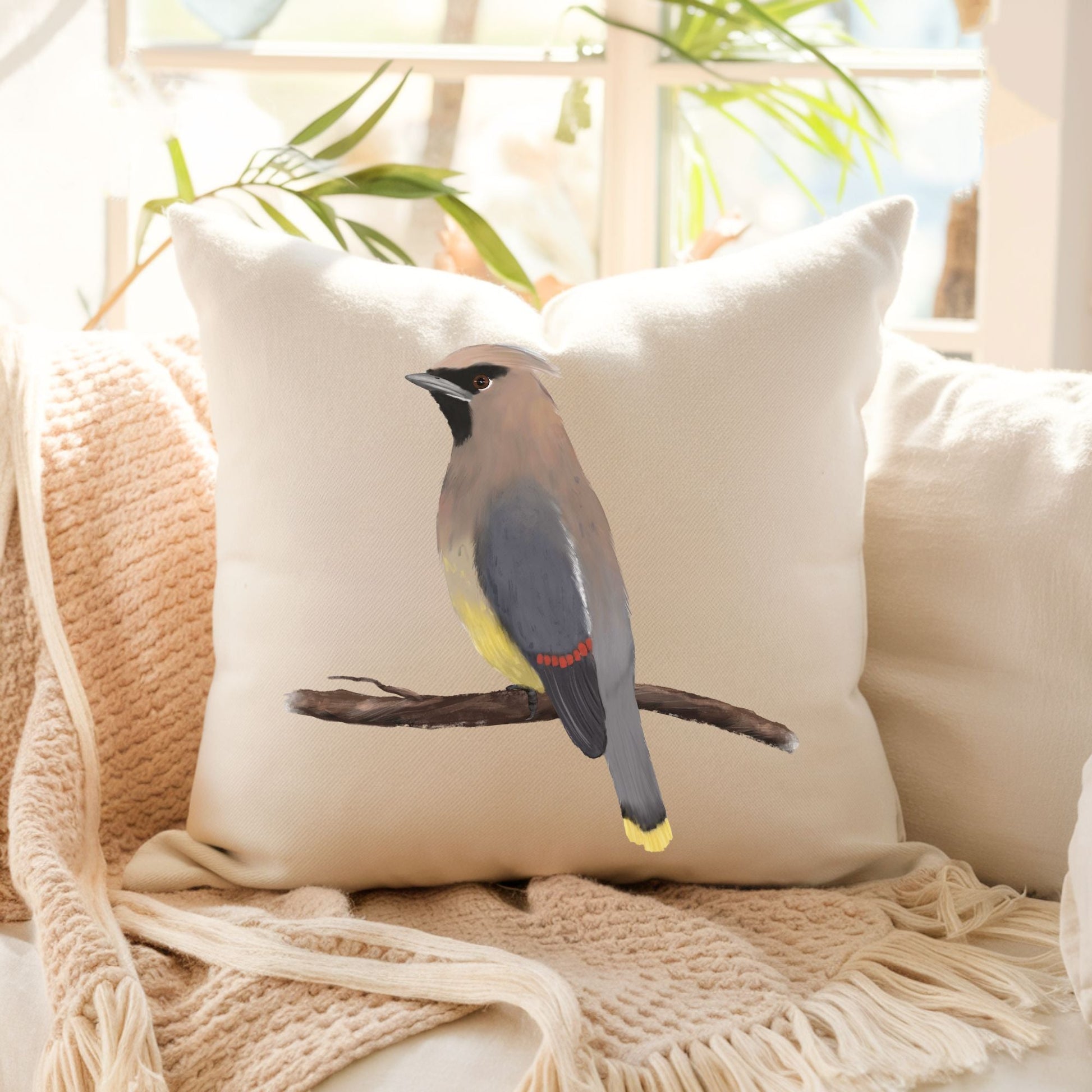 Cedar Waxwing Bird Pillow - MerikaArt