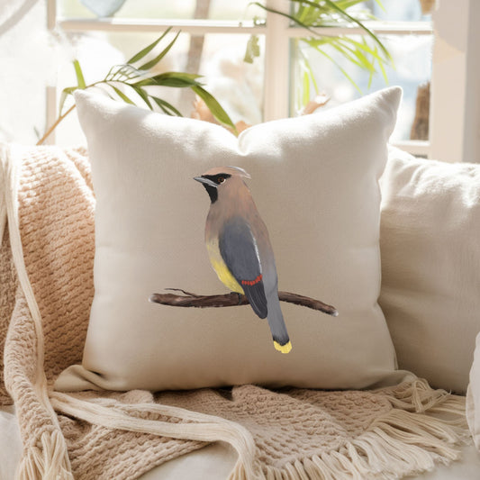 Cedar Waxwing Bird Pillow - MerikaArt