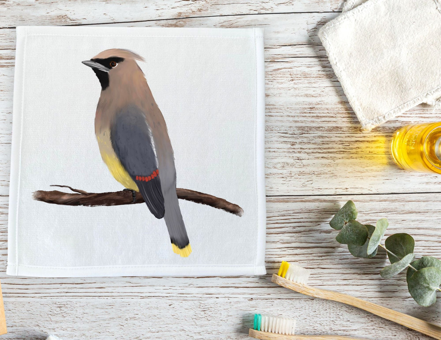 Cedar Waxwing Bird Washcloth - MerikaArt