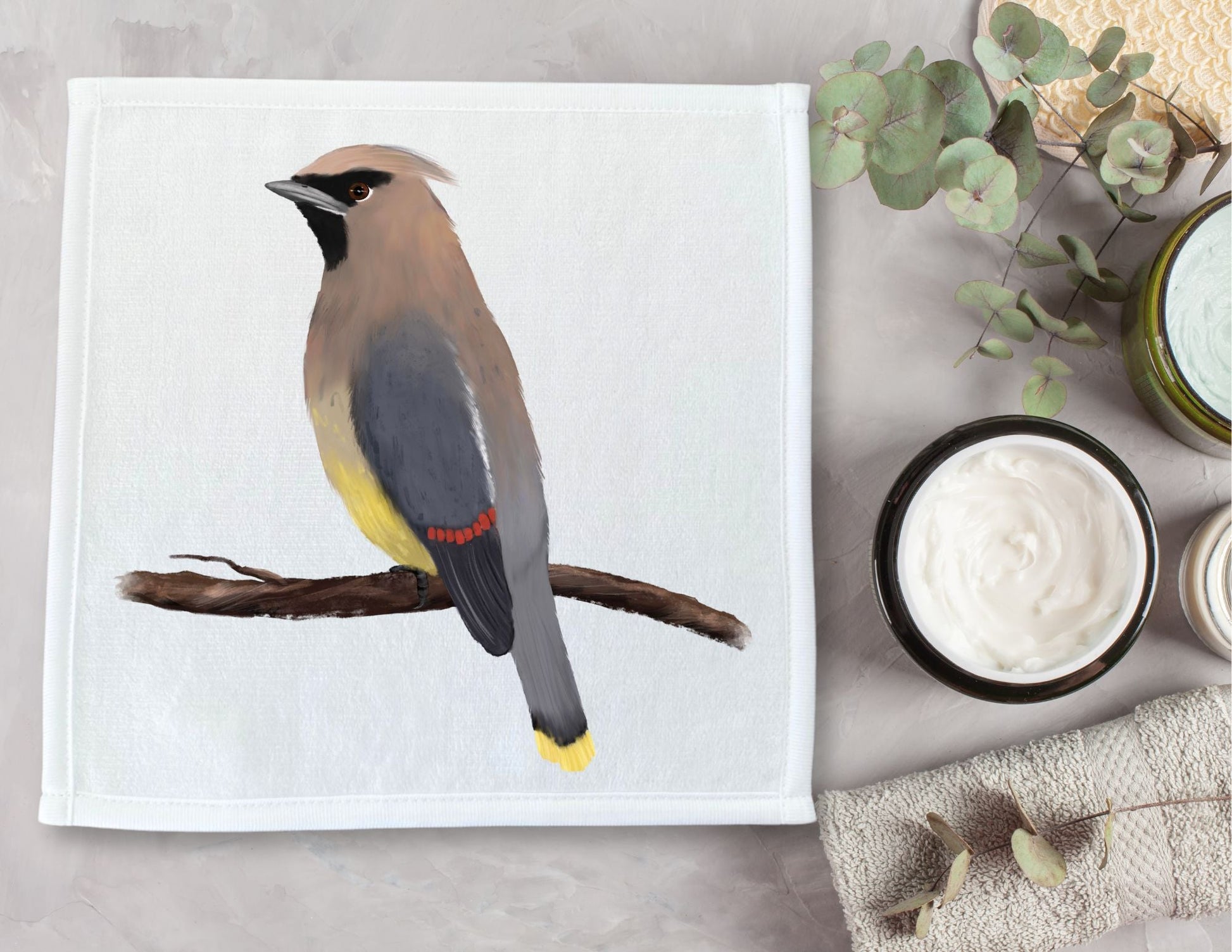 Cedar Waxwing Bird Washcloth - MerikaArt