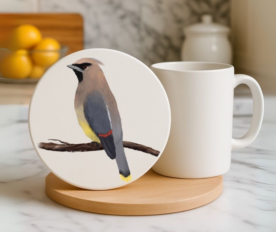 Cedar Waxwing Ceramic Coaster - MerikaArt