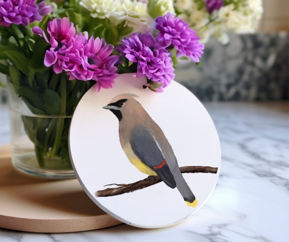 Cedar Waxwing Ceramic Coaster - MerikaArt