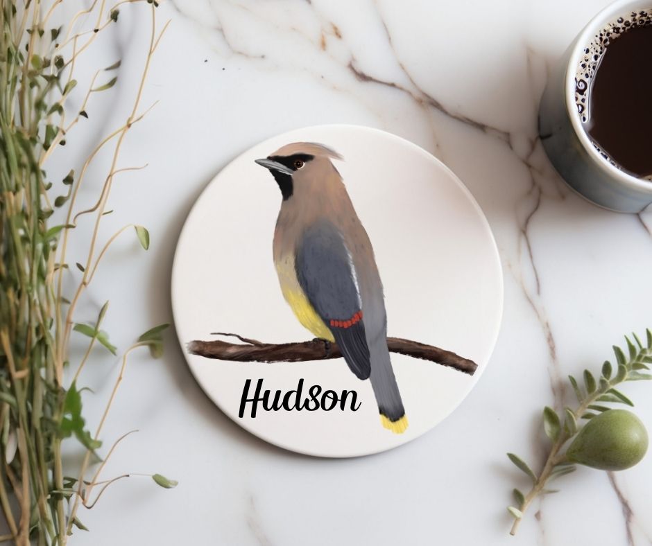 Cedar Waxwing Ceramic Coaster - MerikaArt