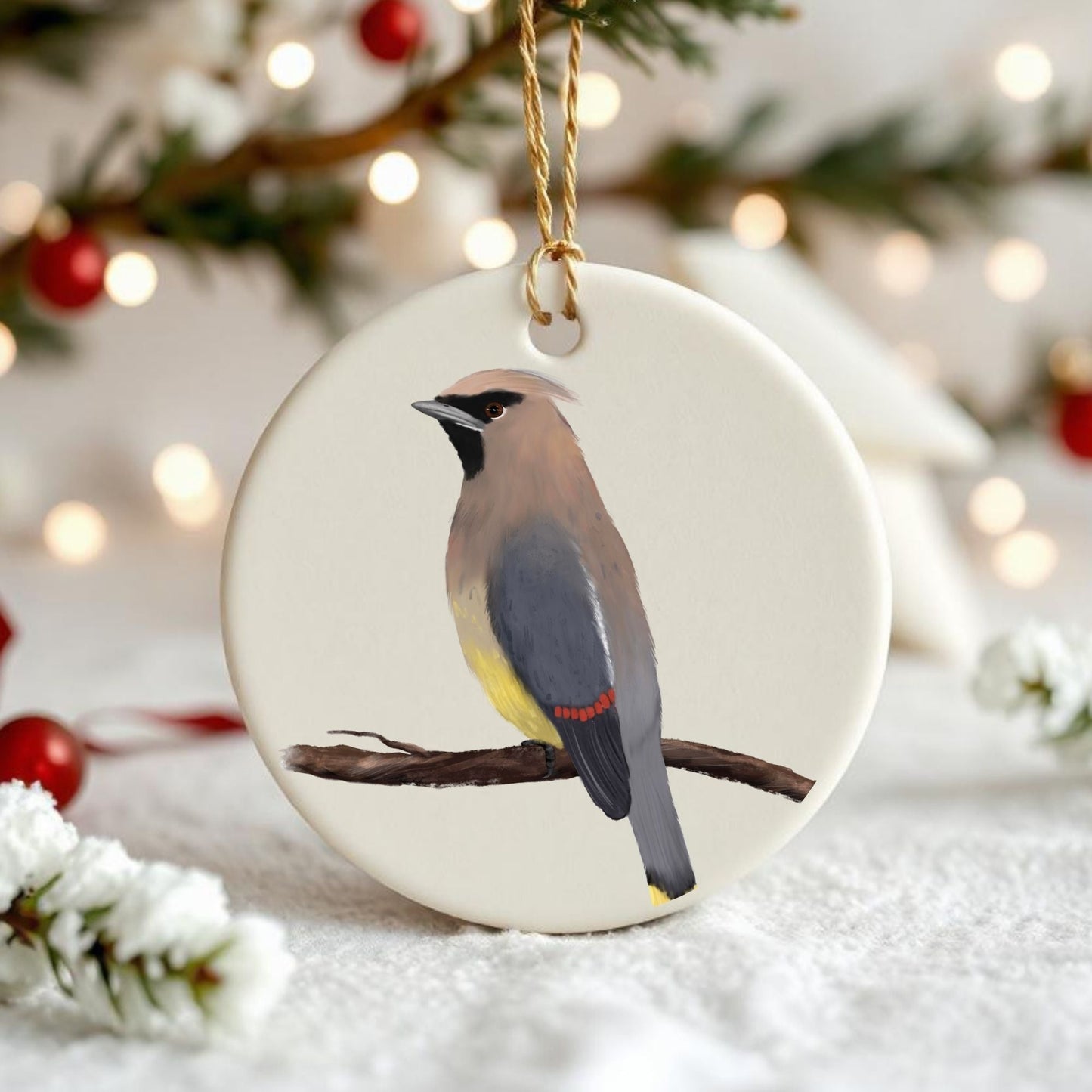 Cedar Waxwing Ceramic Ornament - MerikaArt