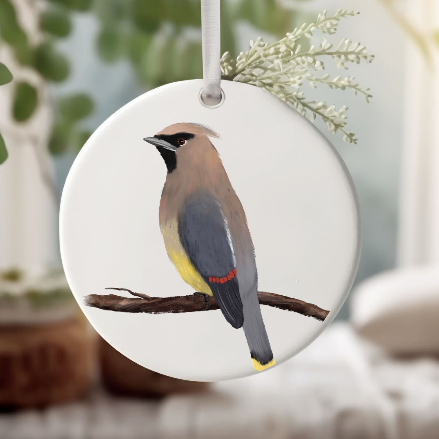 Cedar Waxwing Ceramic Ornament - MerikaArt