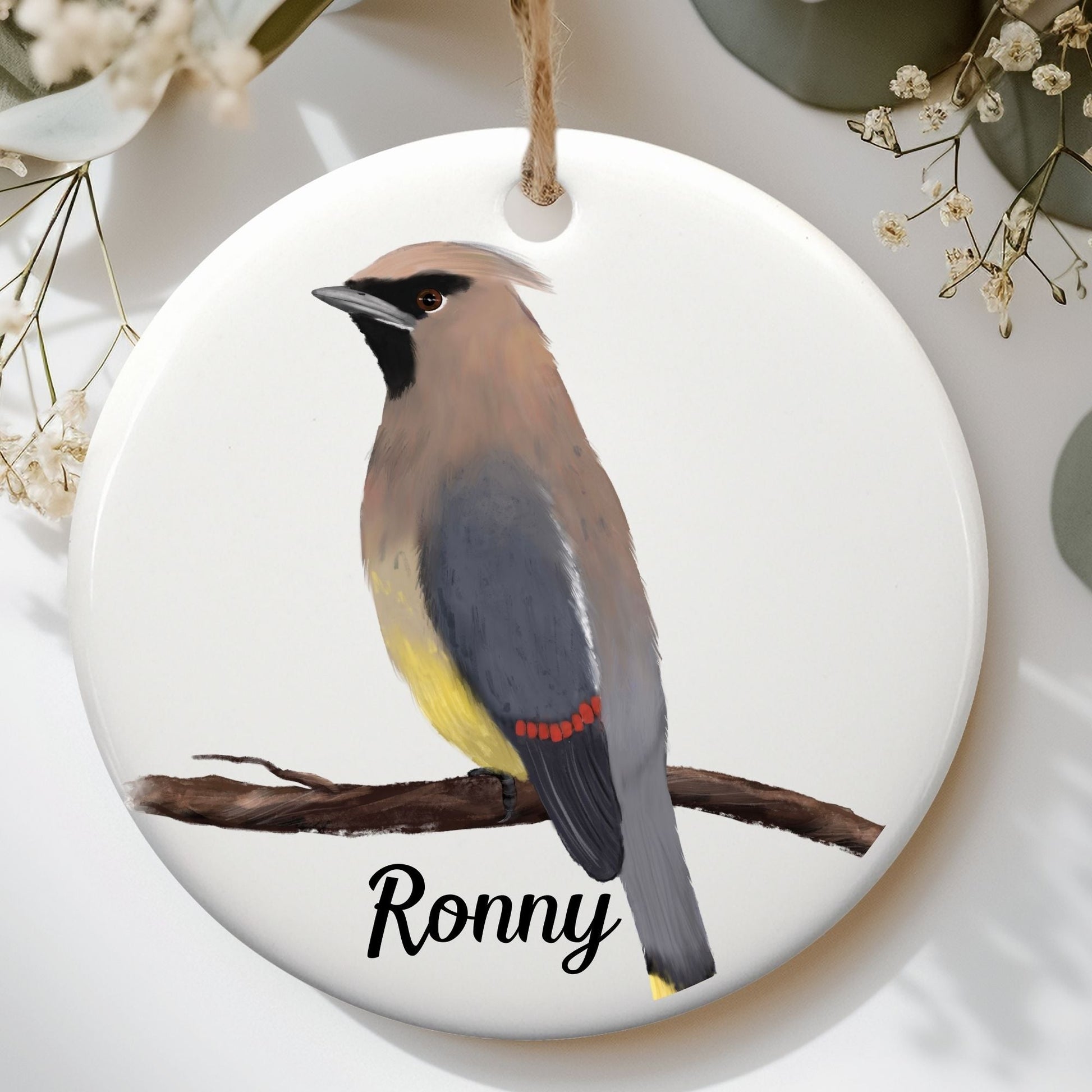 Cedar Waxwing Ceramic Ornament - MerikaArt
