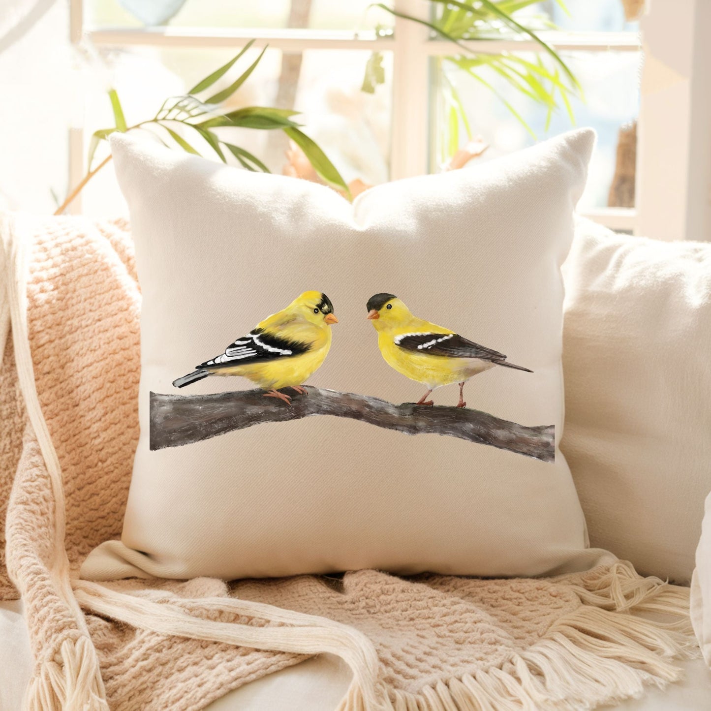 Charming Goldfinches Pillow - Nature Inspired Home Decor - MerikaArt