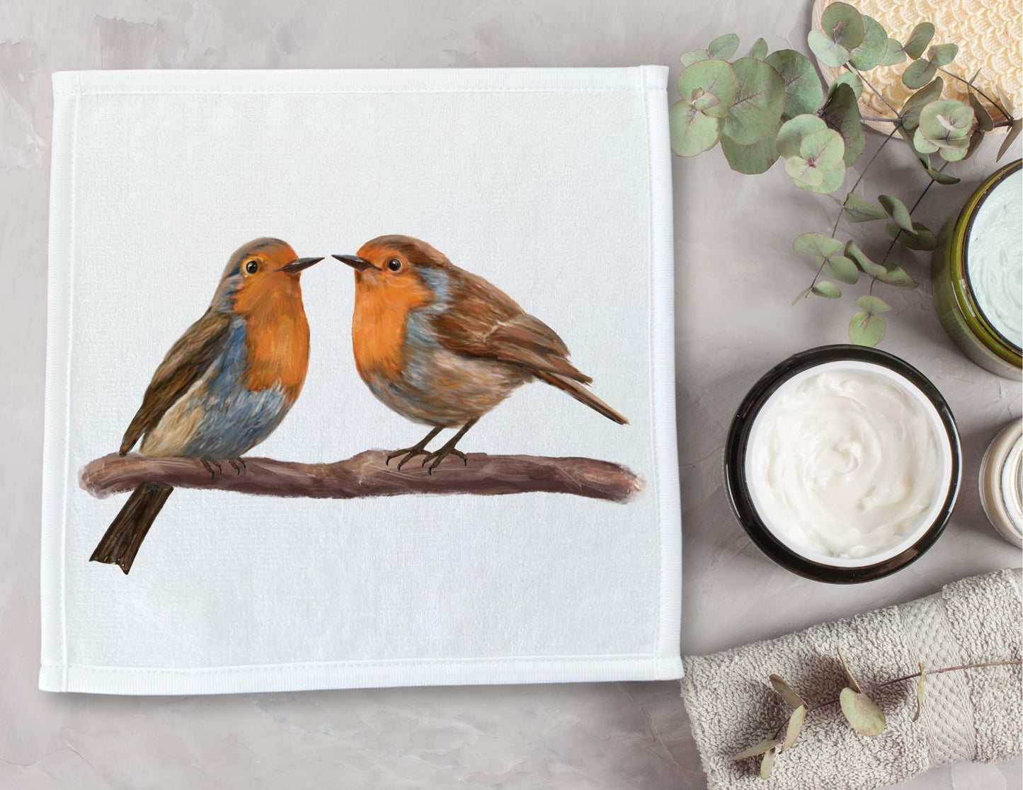 Charming Robins on Branch Washcloth - MerikaArt