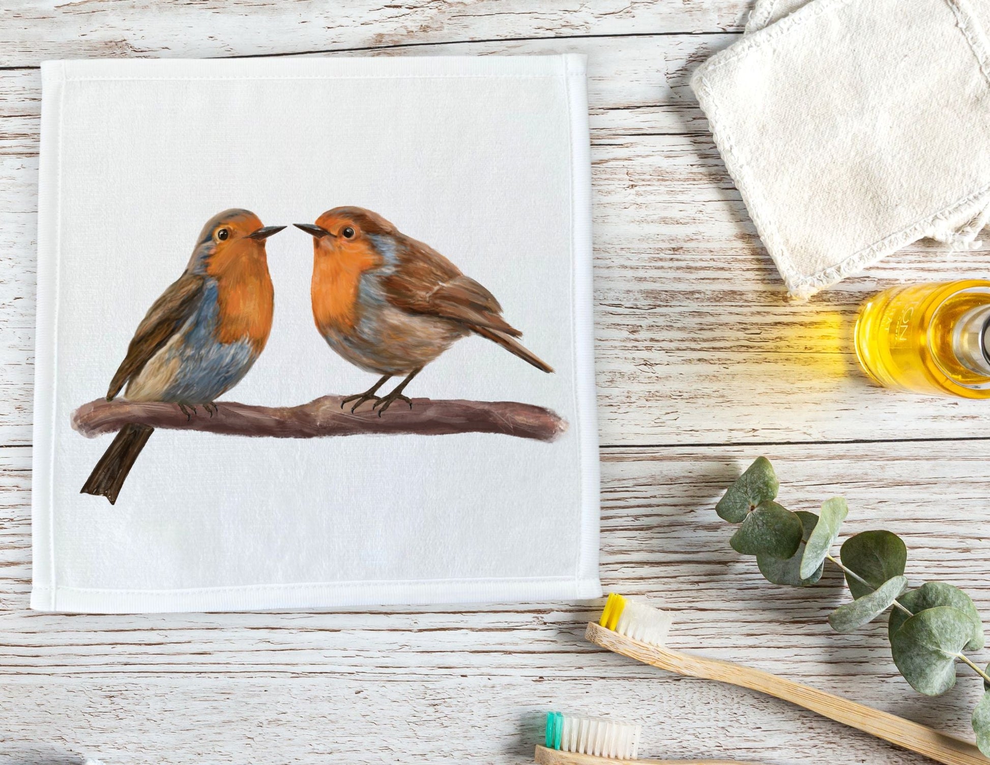 Charming Robins on Branch Washcloth - MerikaArt