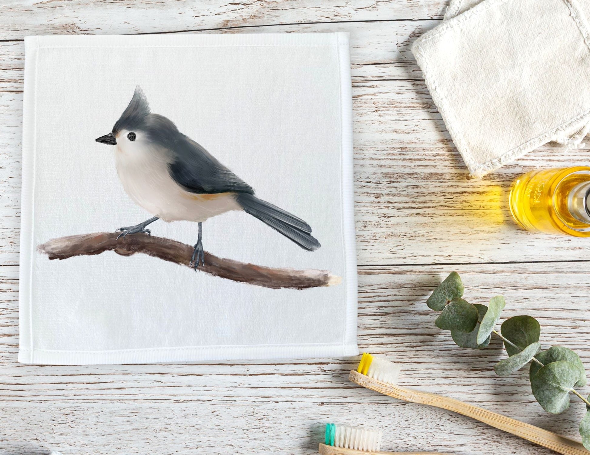 Charming Titmouse on Branch Washcloth - MerikaArt