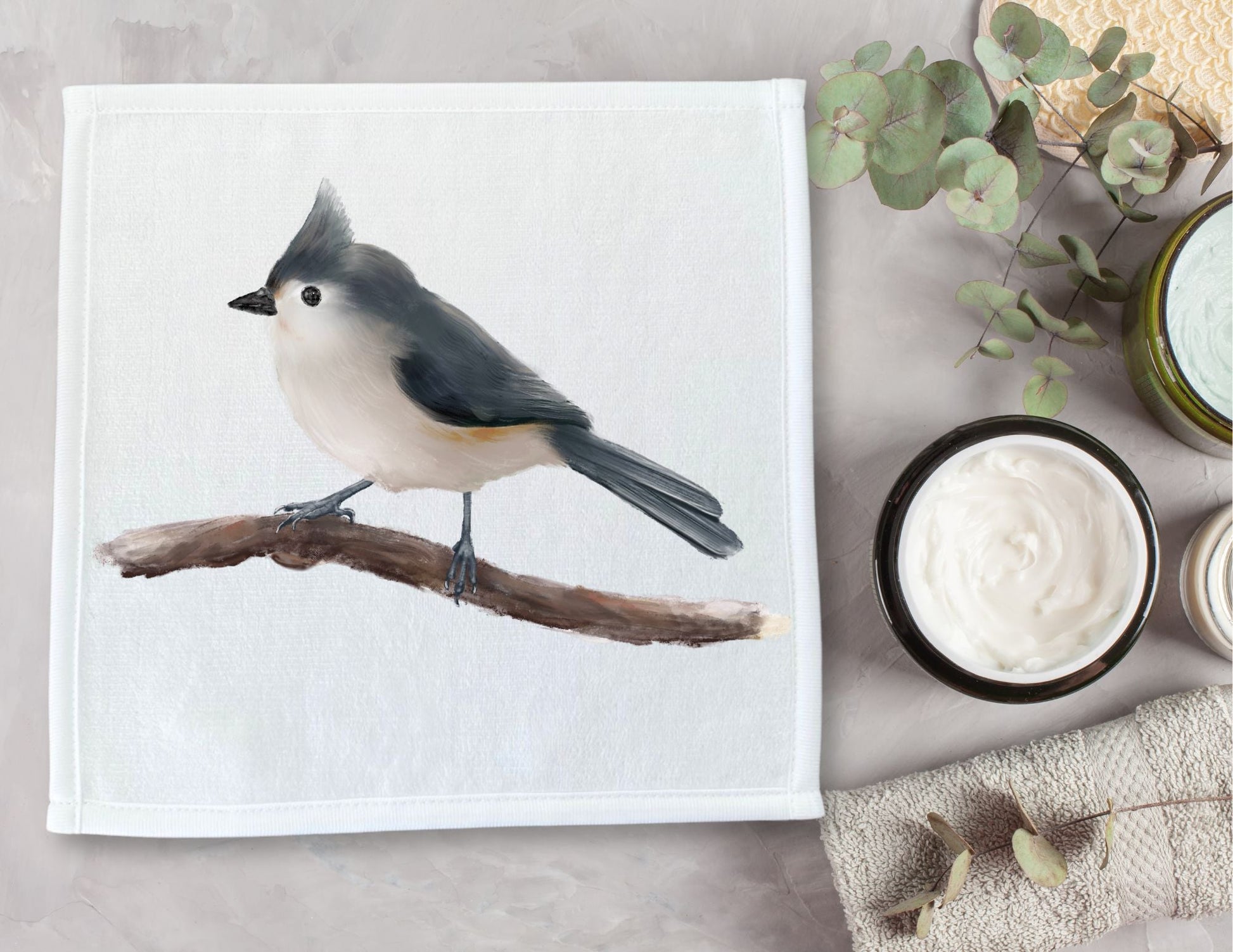 Charming Titmouse on Branch Washcloth - MerikaArt