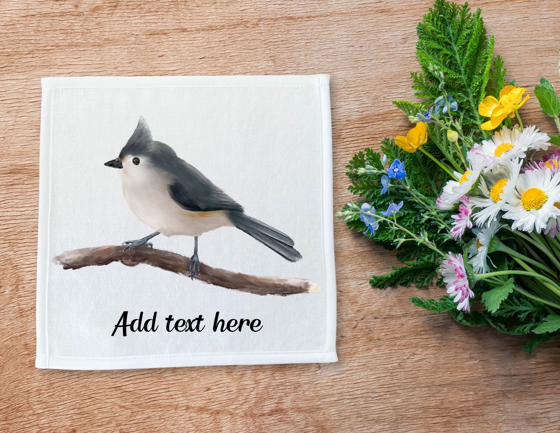 Charming Titmouse on Branch Washcloth - MerikaArt