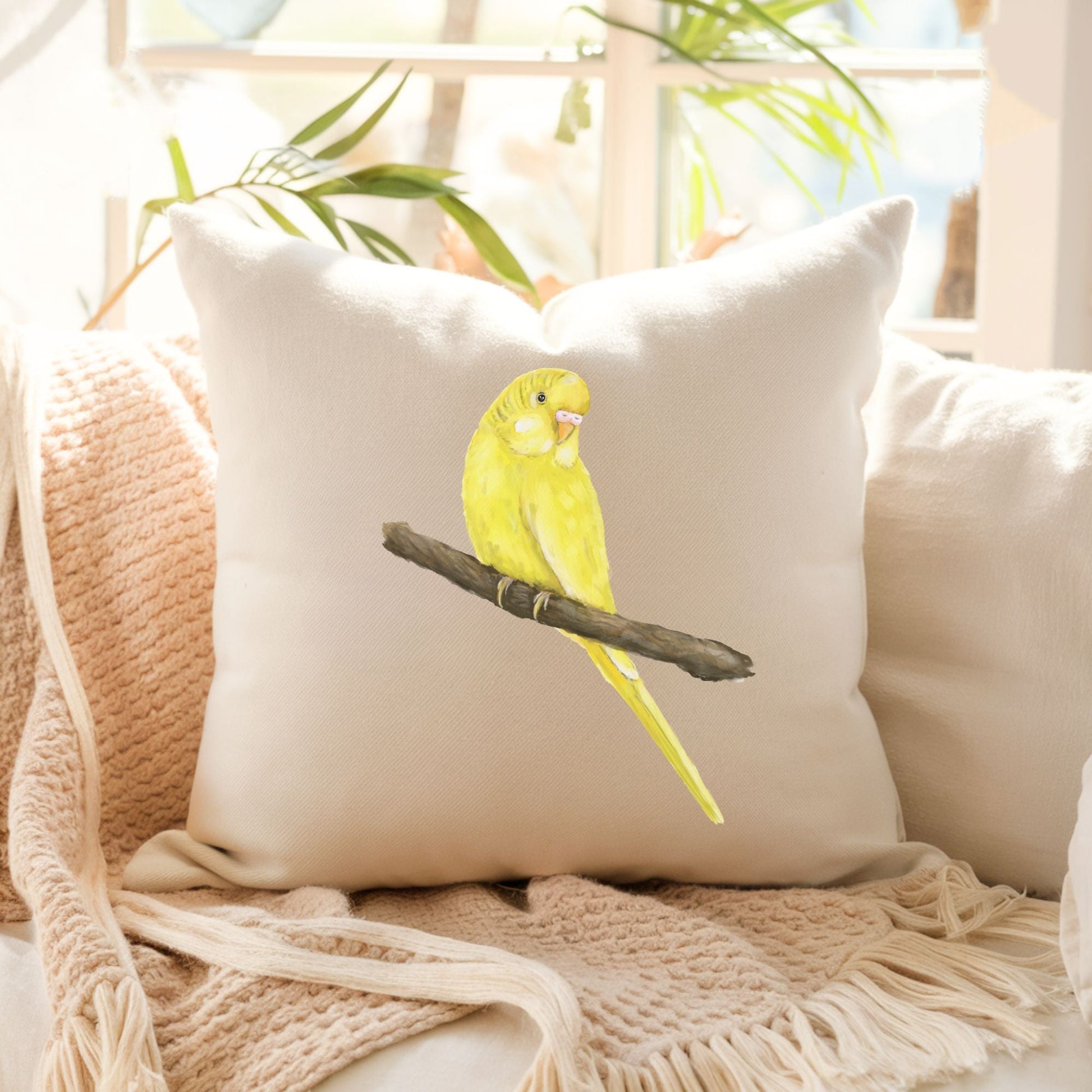 Charming Yellow Budgerigar Pillow - Nature Inspired Home Decor - MerikaArt