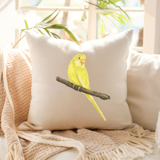 Charming Yellow Budgerigar Pillow - Nature Inspired Home Decor - MerikaArt