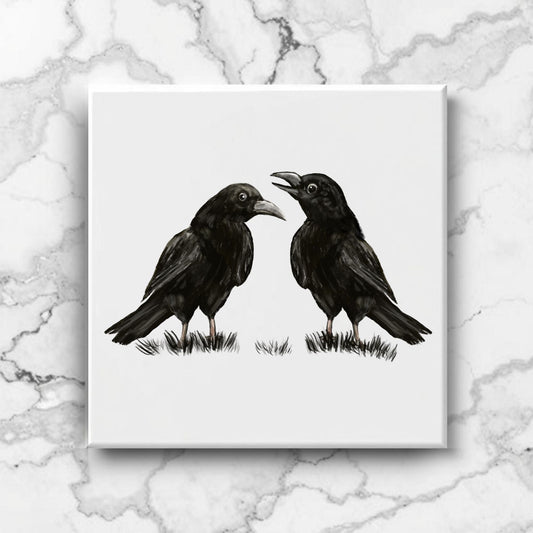 Chatting Crows Ceramic Tile – Handcrafted Bird Artwork - MerikaArt