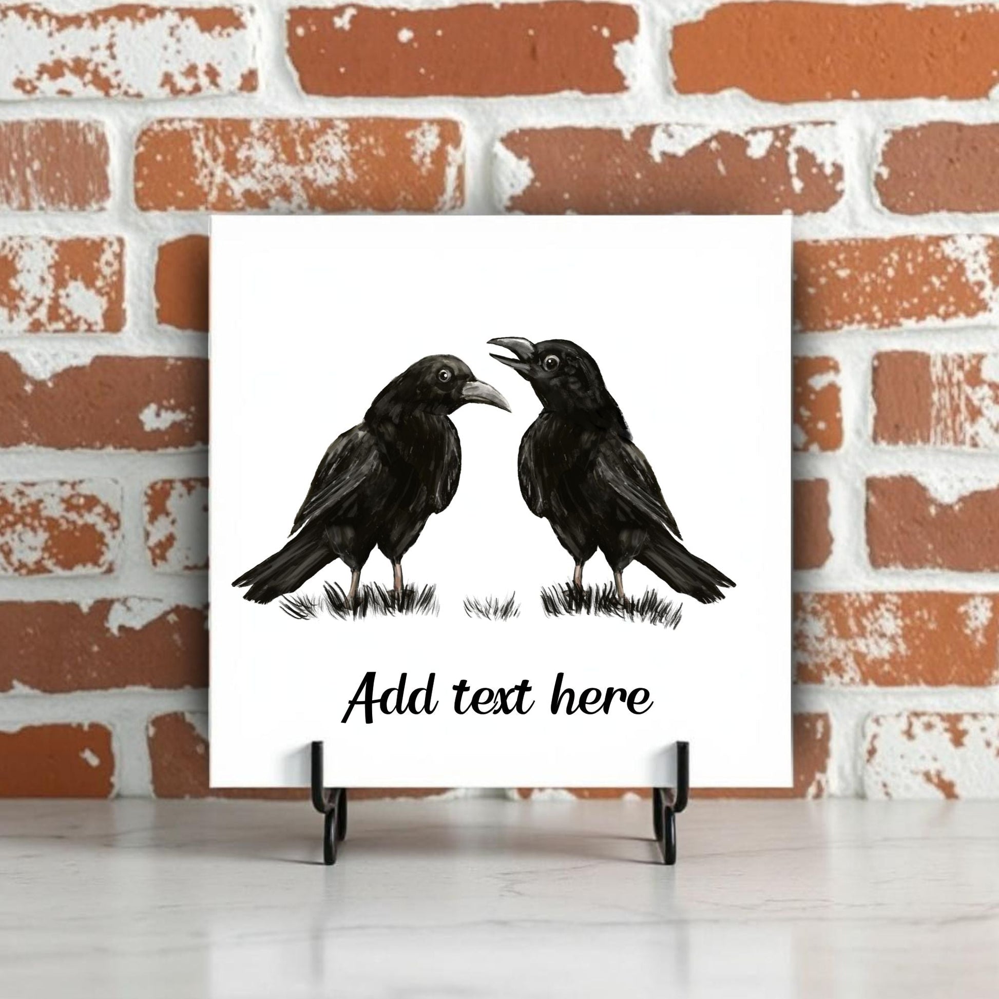 Chatting Crows Ceramic Tile – Handcrafted Bird Artwork - MerikaArt