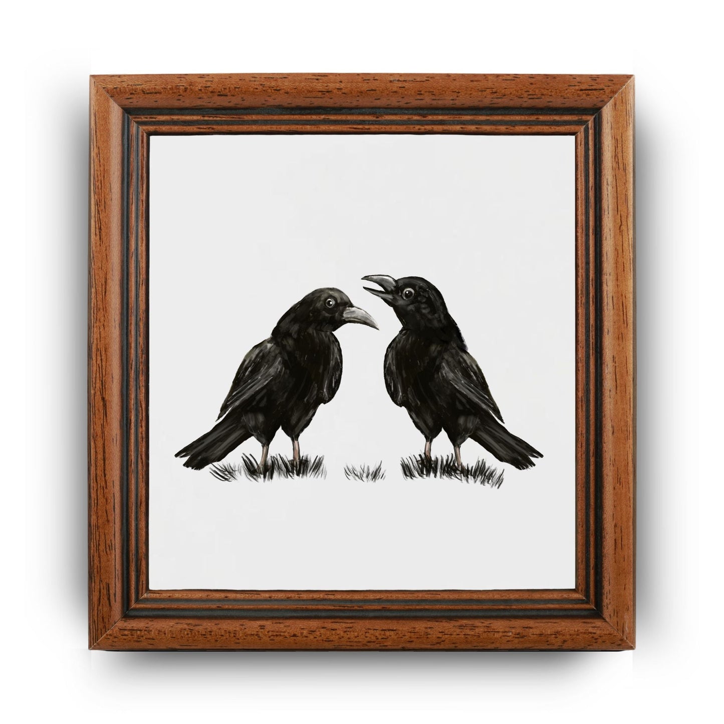 Chatting Crows Ceramic Tile – Handcrafted Bird Artwork - MerikaArt