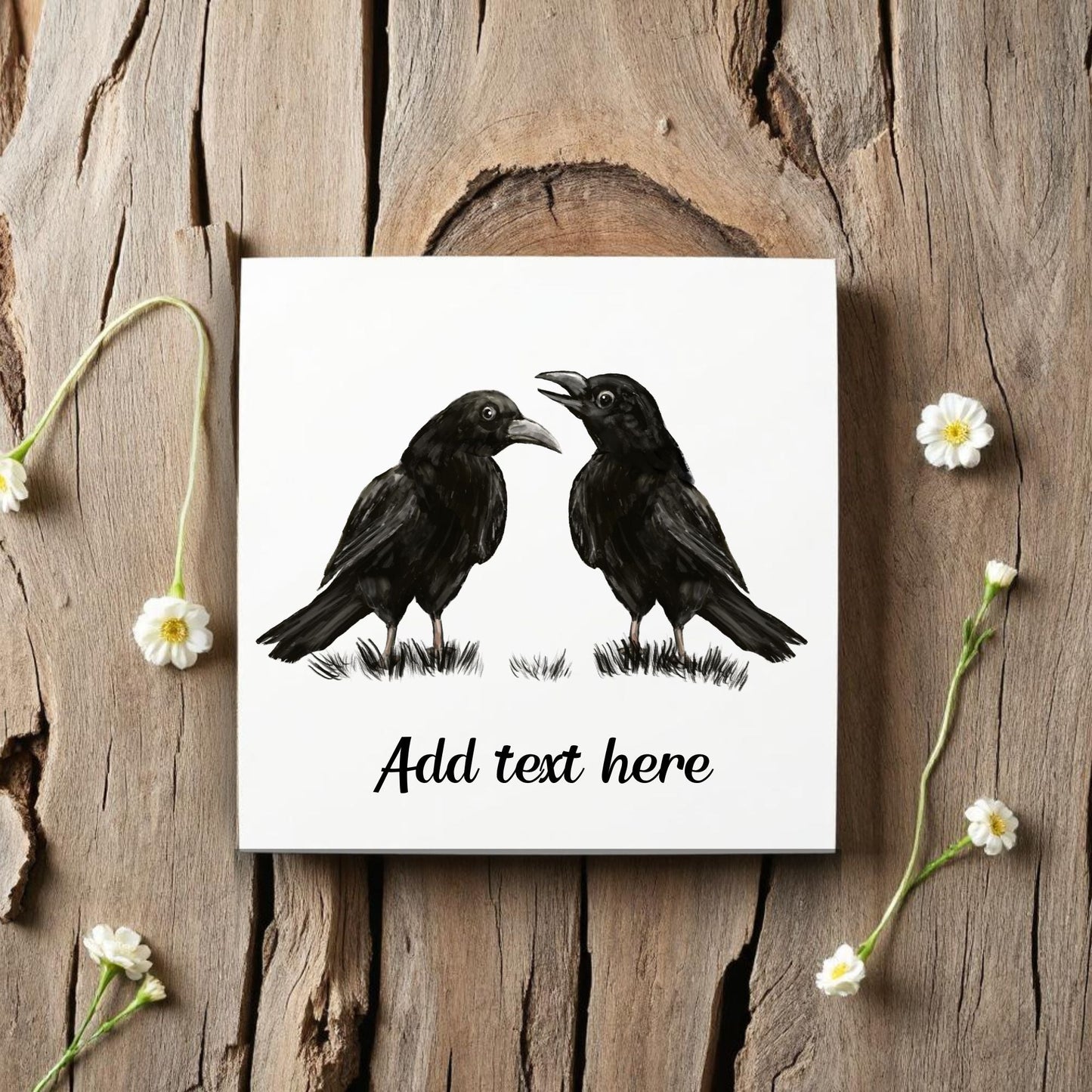 Chatting Crows Ceramic Tile – Handcrafted Bird Artwork - MerikaArt