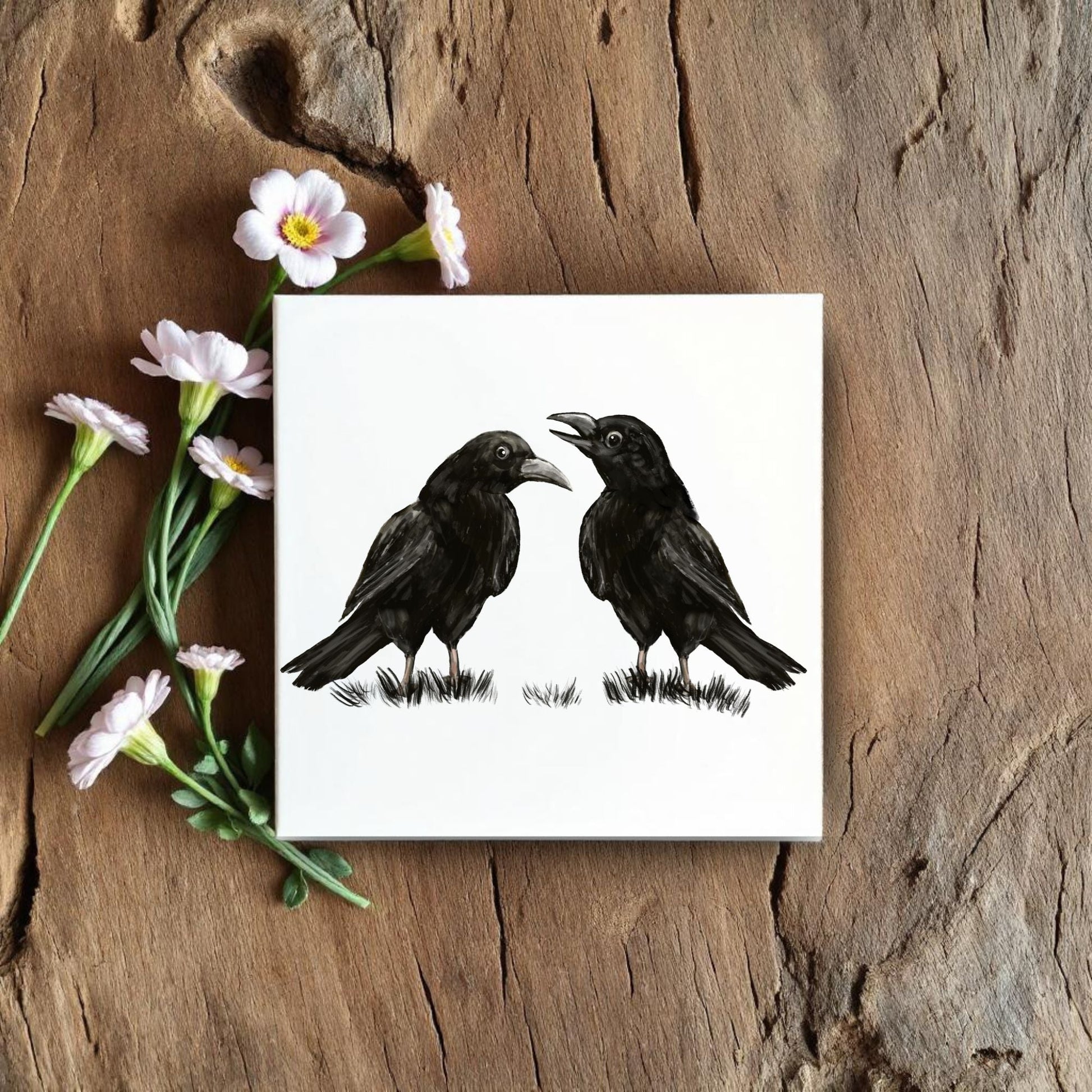 Chatting Crows Ceramic Tile – Handcrafted Bird Artwork - MerikaArt