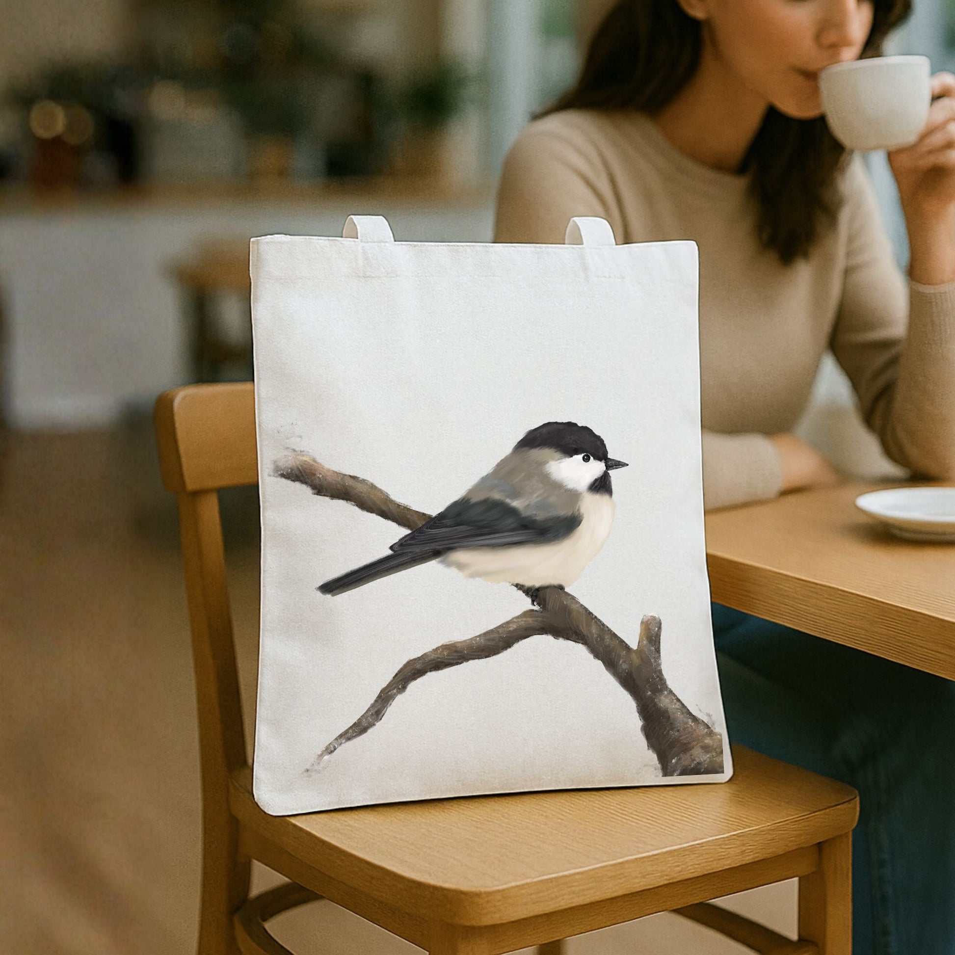 Chickadee Canvas Tote Bag - MerikaArt