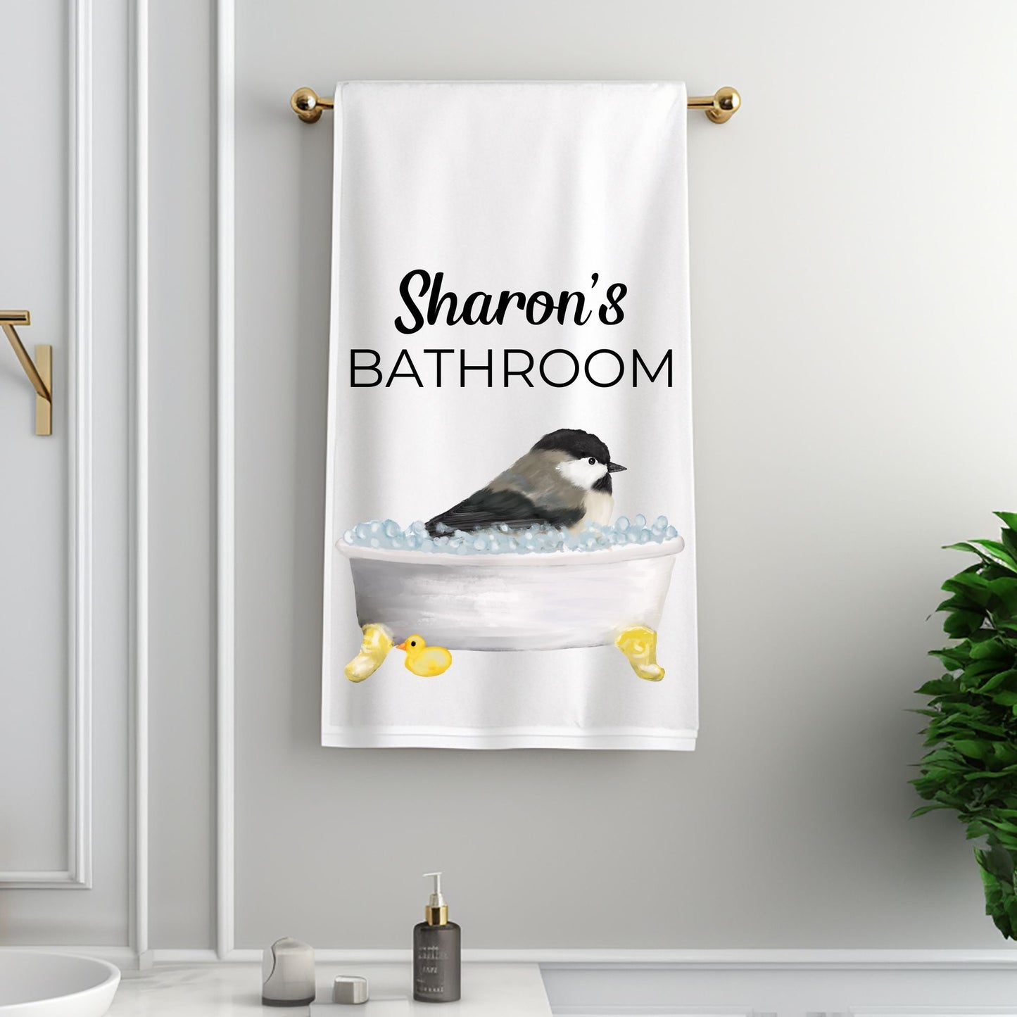 Chickadee in Bathtub Bathroom Towel - MerikaArt