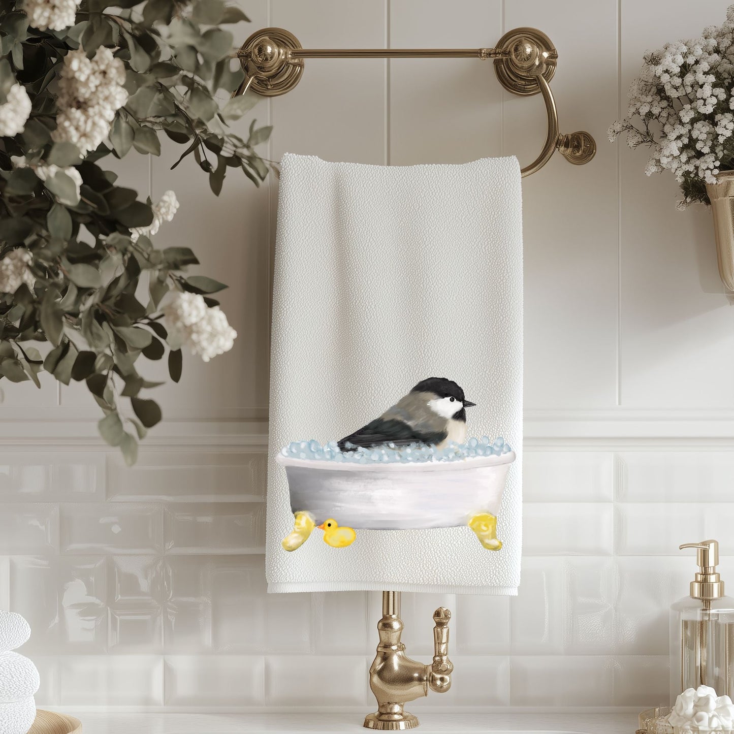 Chickadee in Bathtub Bathroom Towel - MerikaArt