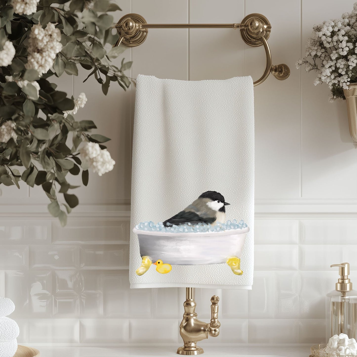 Chickadee in Bathtub Bathroom Towel - MerikaArt