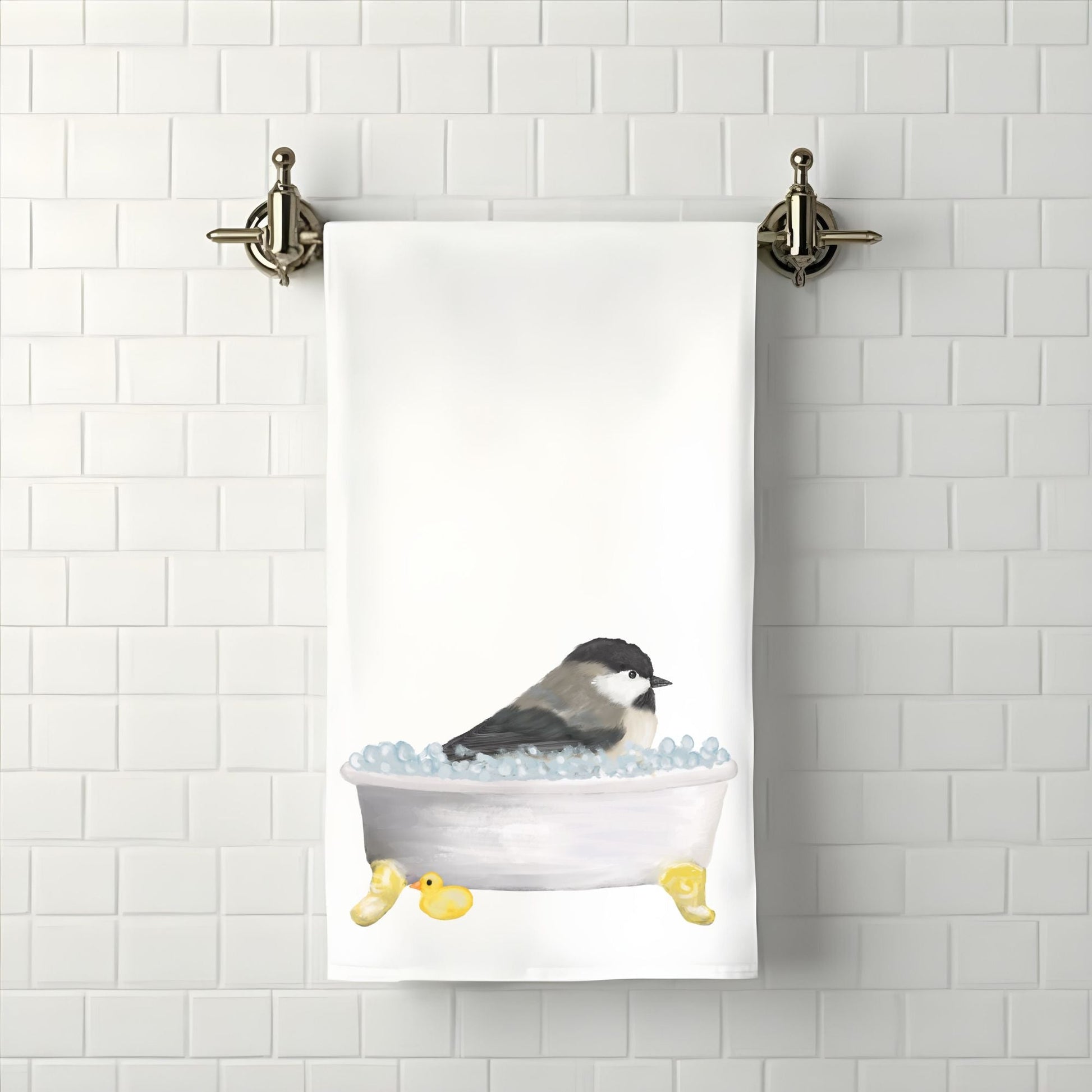 Chickadee in Bathtub Bathroom Towel - MerikaArt