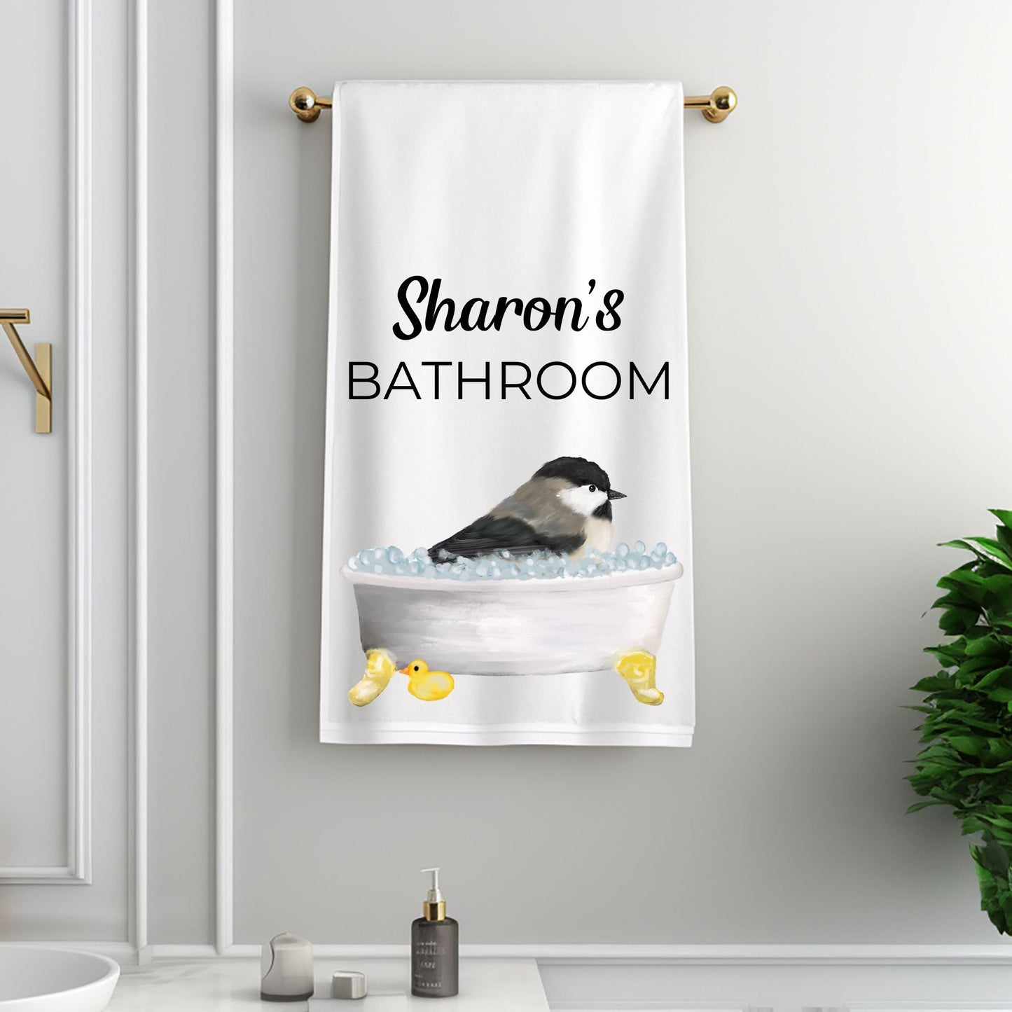 Chickadee in Bathtub Bathroom Towel - MerikaArt