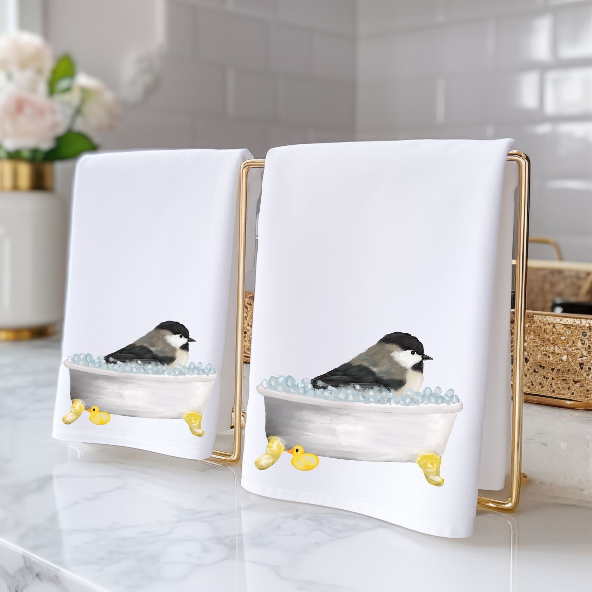 Chickadee in Bathtub Bathroom Towel - MerikaArt