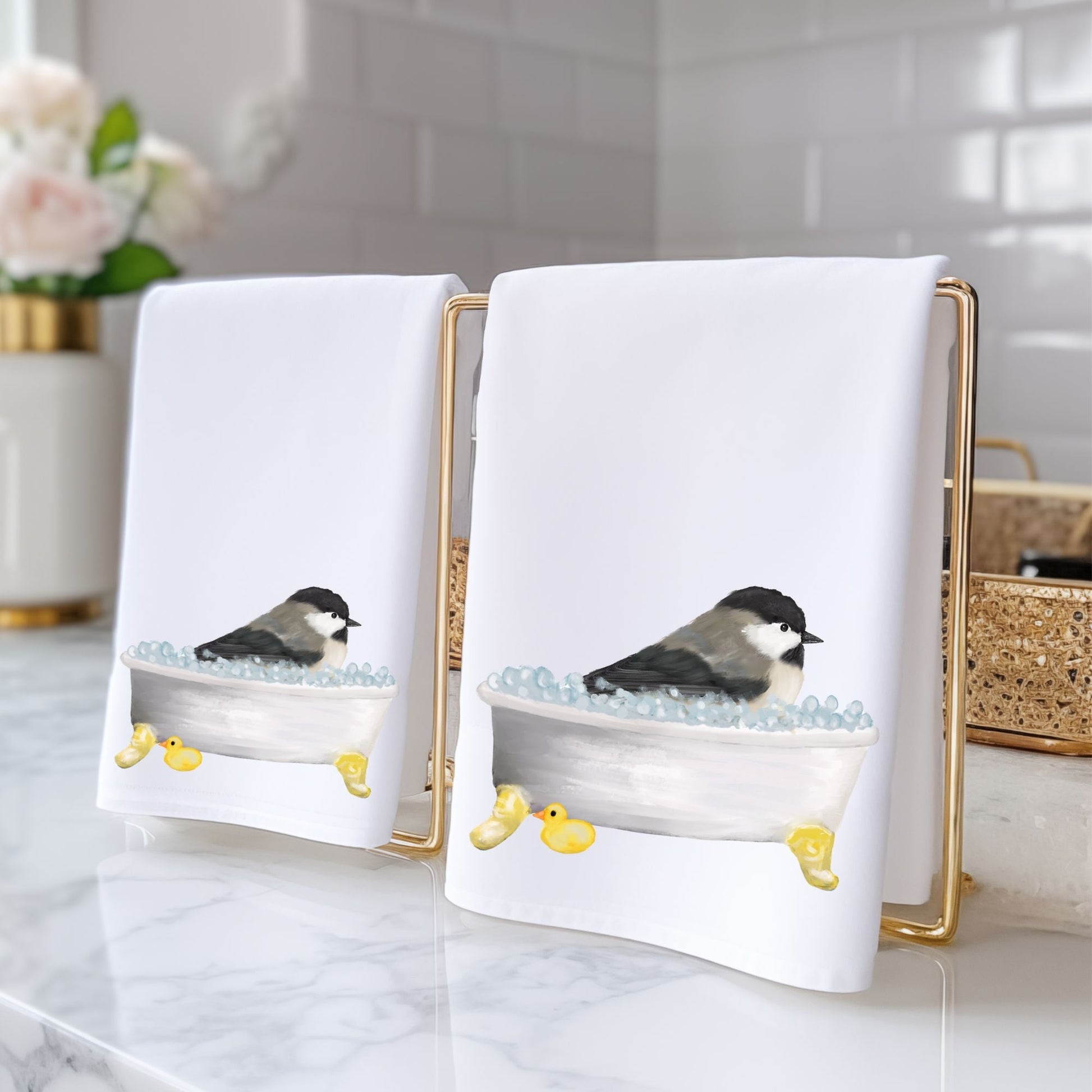 Chickadee in Bathtub Bathroom Towel - MerikaArt