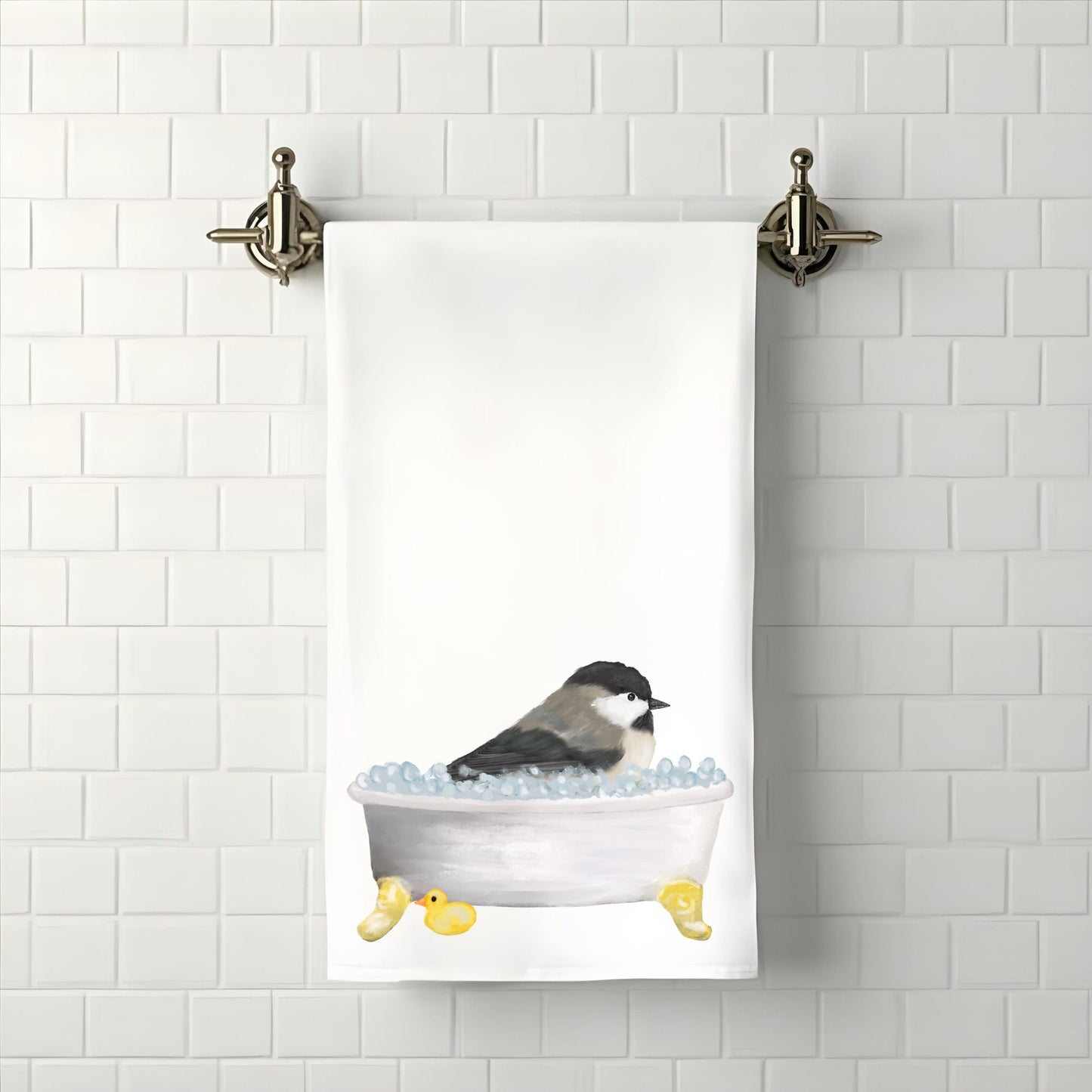 Chickadee in Bathtub Bathroom Towel - MerikaArt