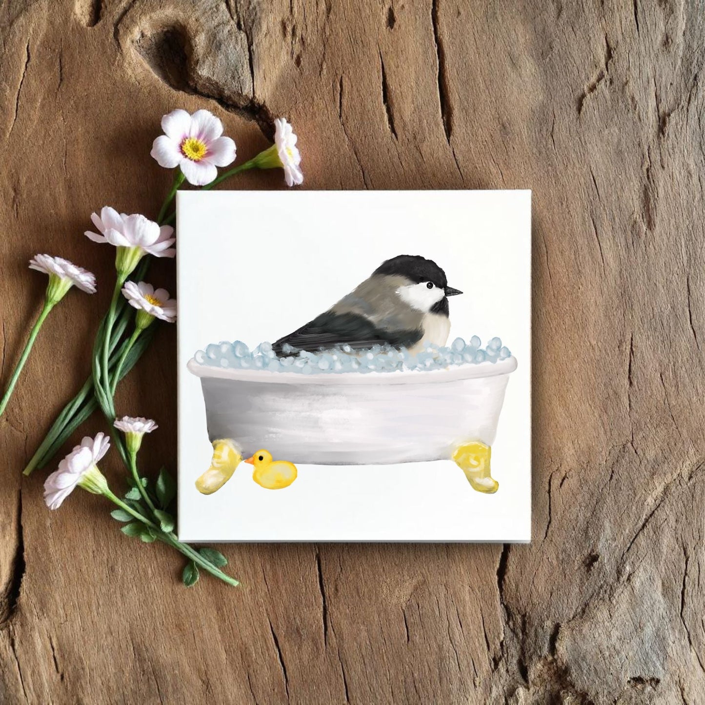 Chickadee in Bathtub Ceramic Tile – Handcrafted Bird Lover Decor - MerikaArt