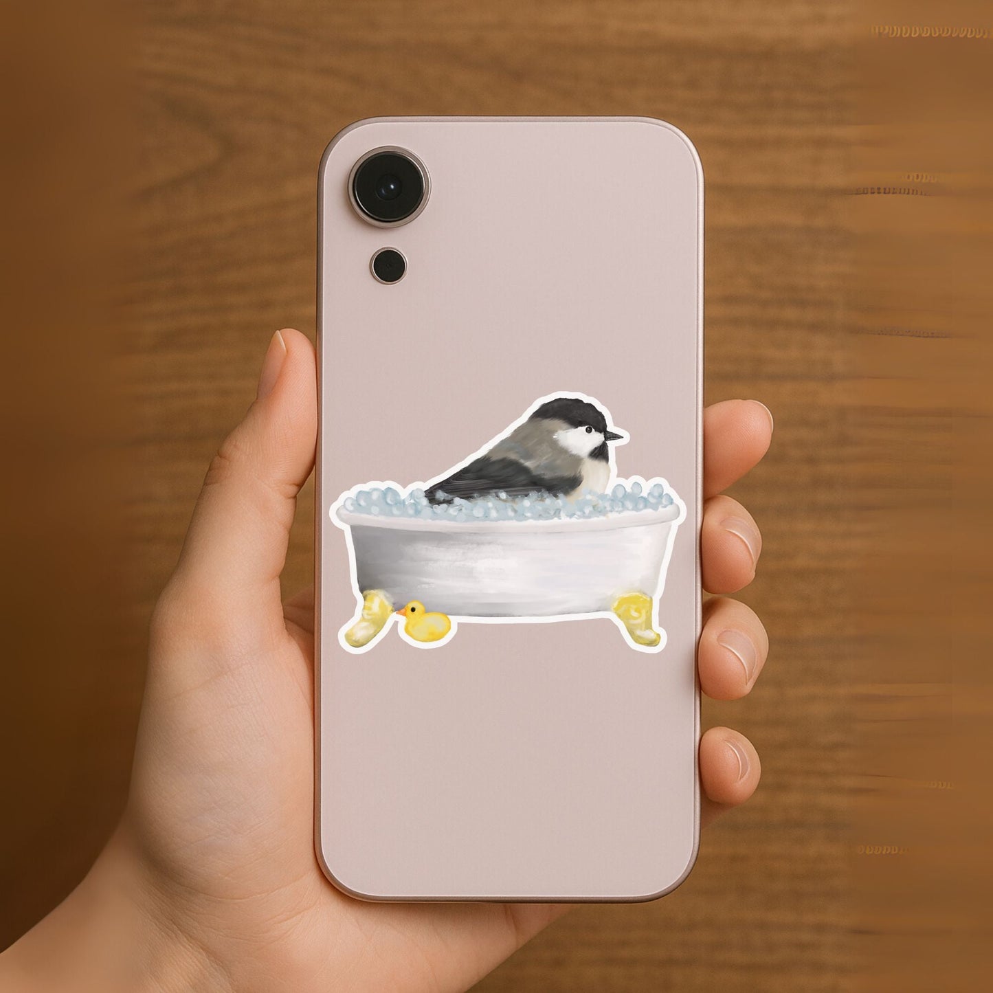 Chickadee In Bathtub Vinly Sticker - MerikaArt