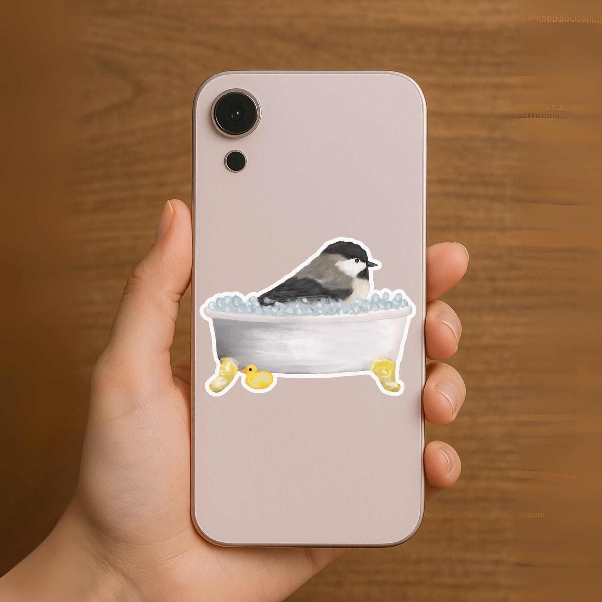 Chickadee In Bathtub Vinly Sticker - MerikaArt