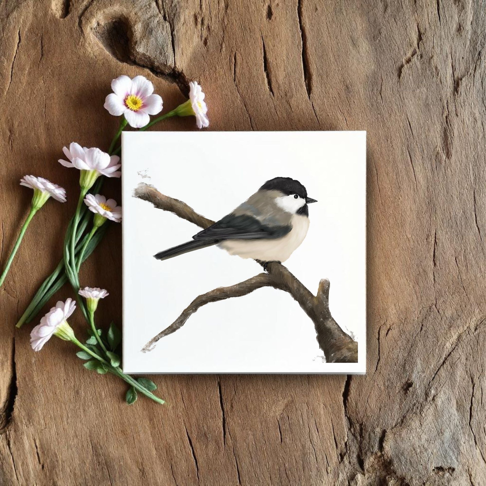 Chickadee on Branch Ceramic Tile – Handcrafted Bird Artwork - MerikaArt