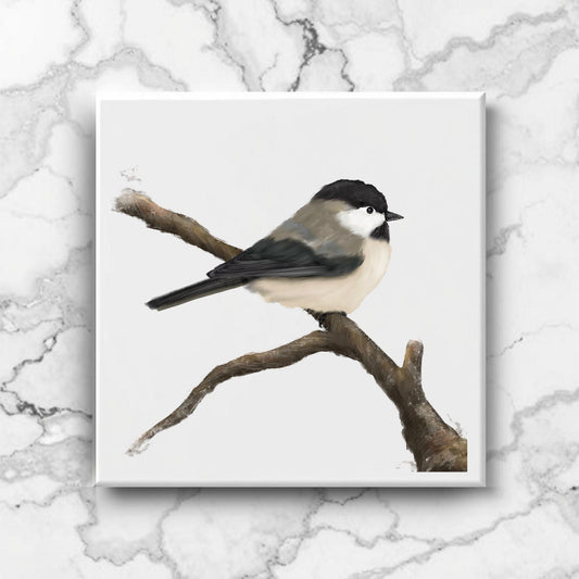 Chickadee on Branch Ceramic Tile – Handcrafted Bird Artwork - MerikaArt