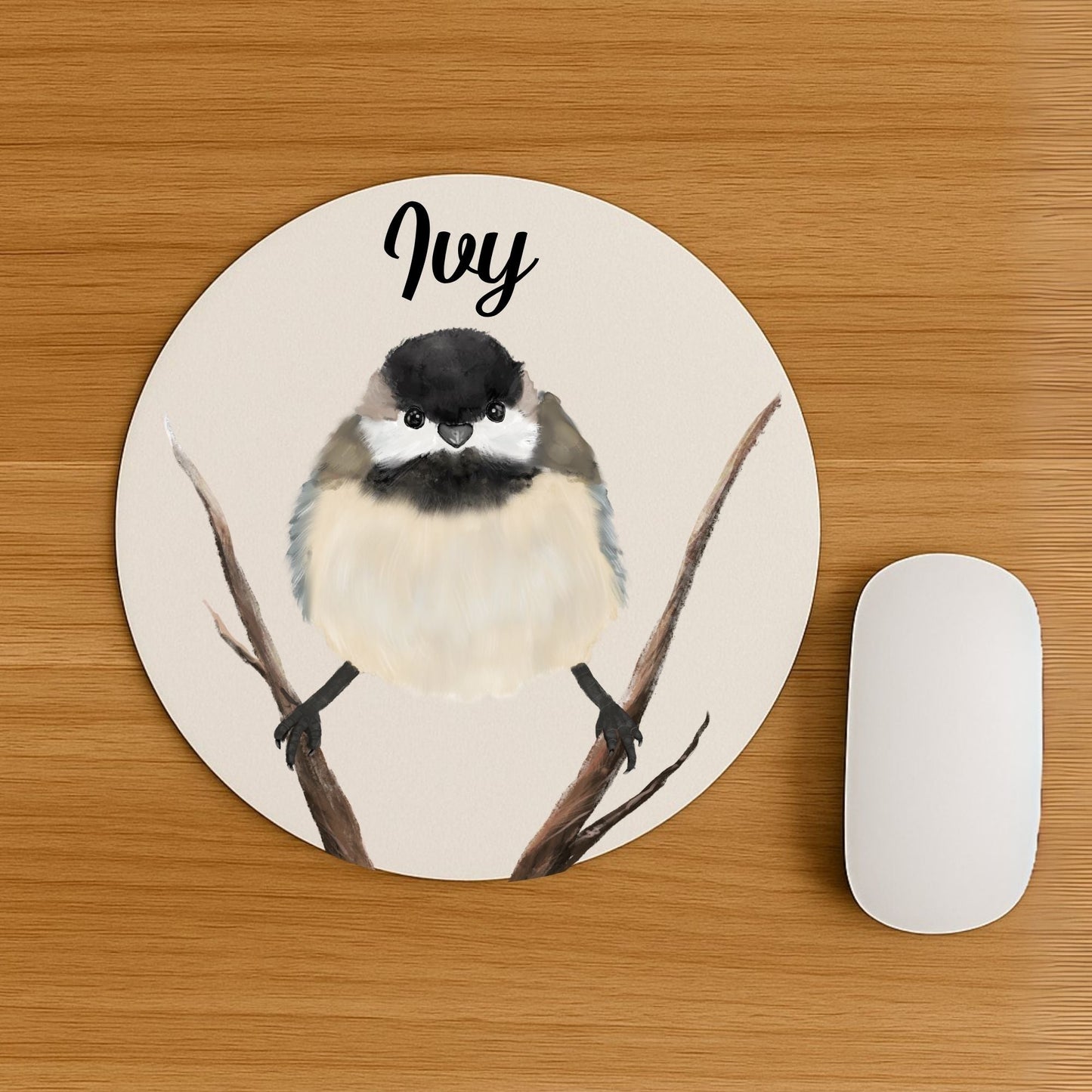 Chickadee on Branch Mousepad - MerikaArt