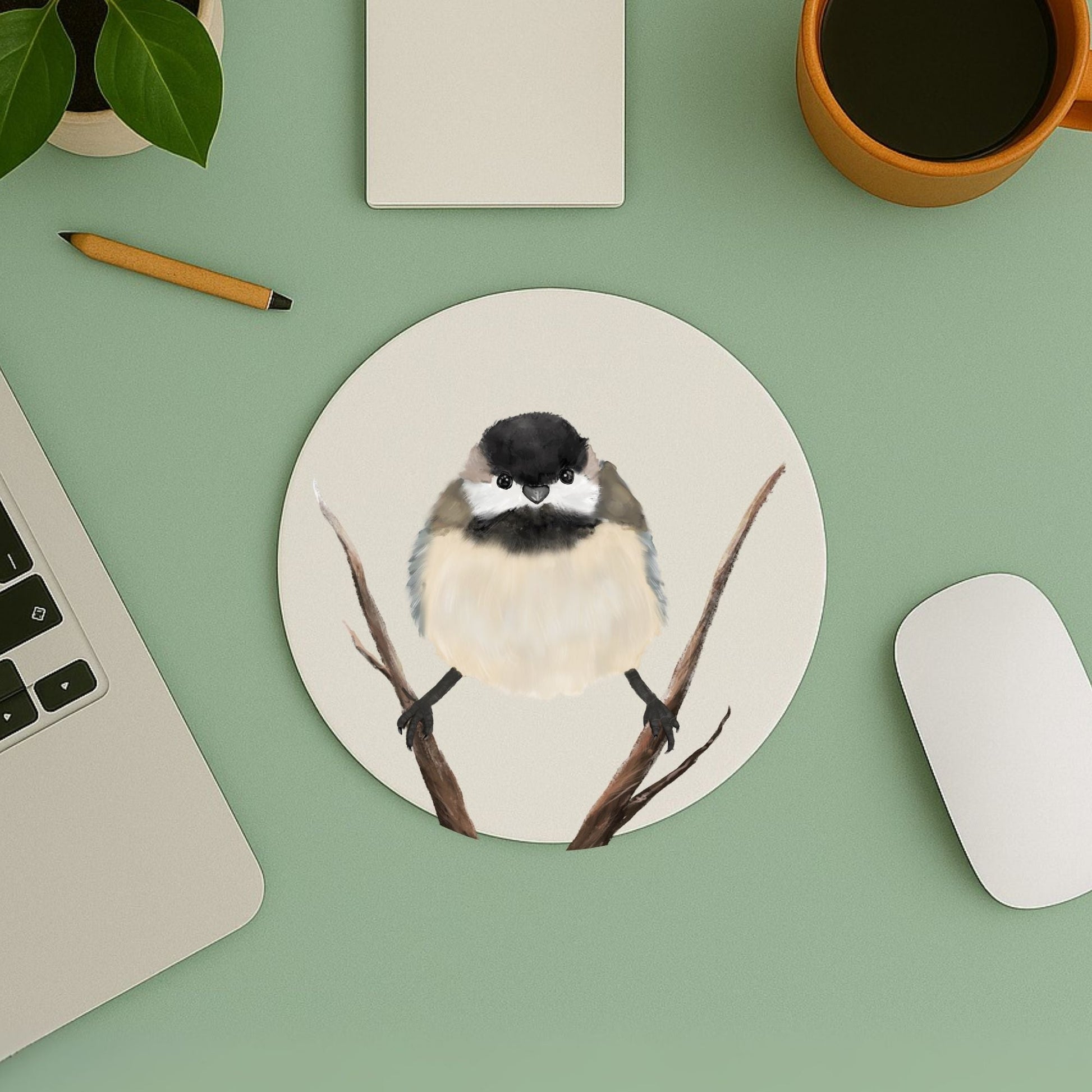 Chickadee on Branch Mousepad - MerikaArt