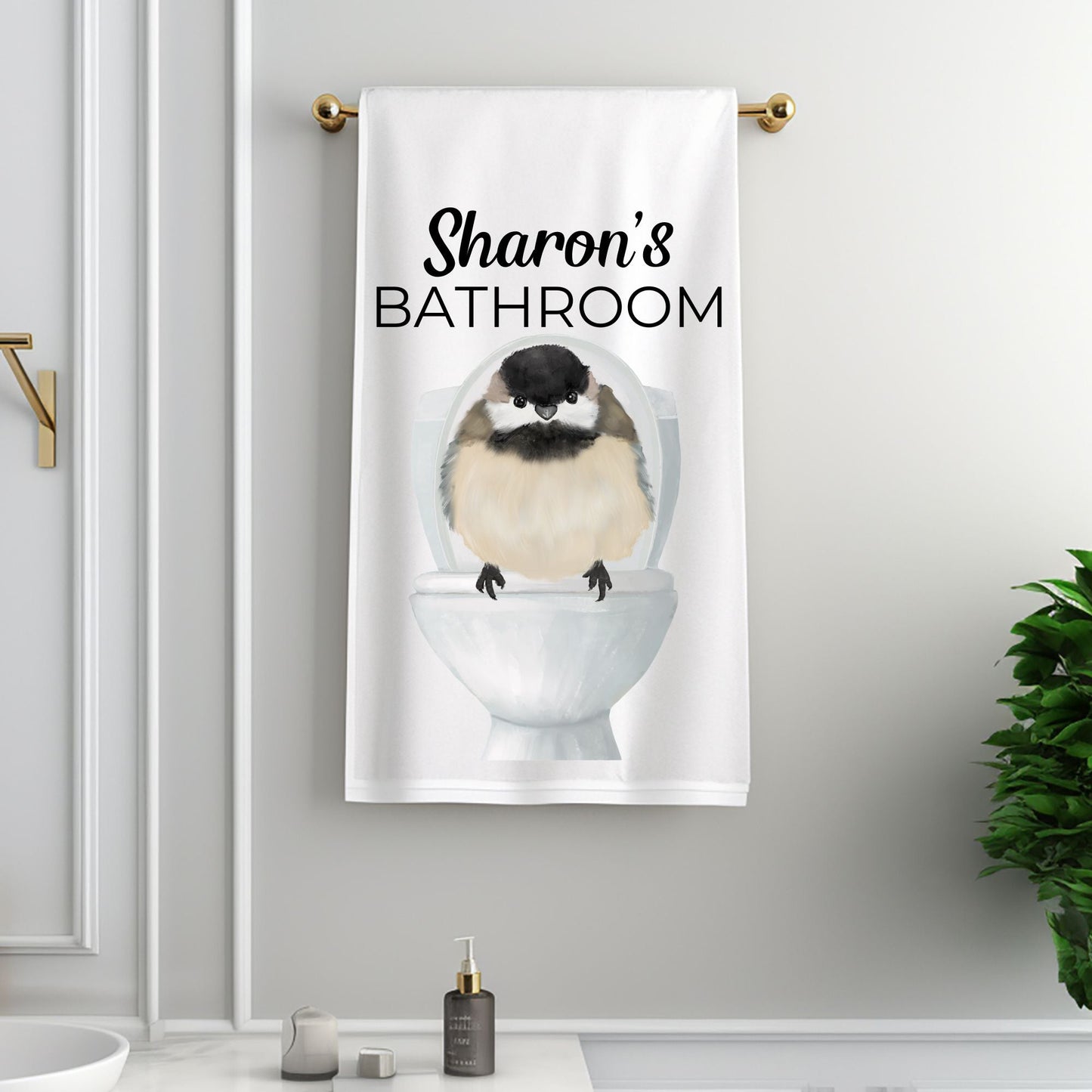 Chickadee on Toilet Bathroom Towel - MerikaArt