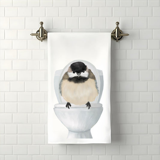 Chickadee on Toilet Bathroom Towel - MerikaArt