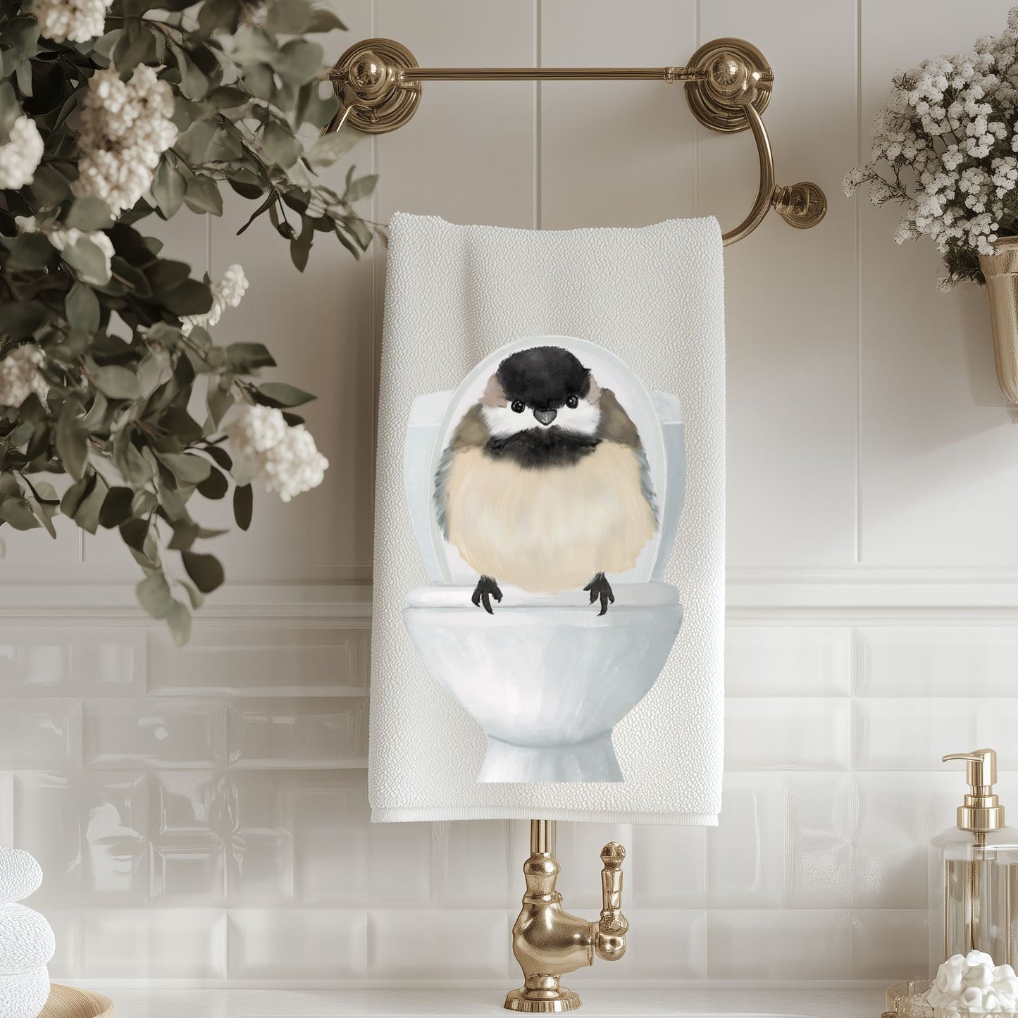 Chickadee on Toilet Bathroom Towel - MerikaArt