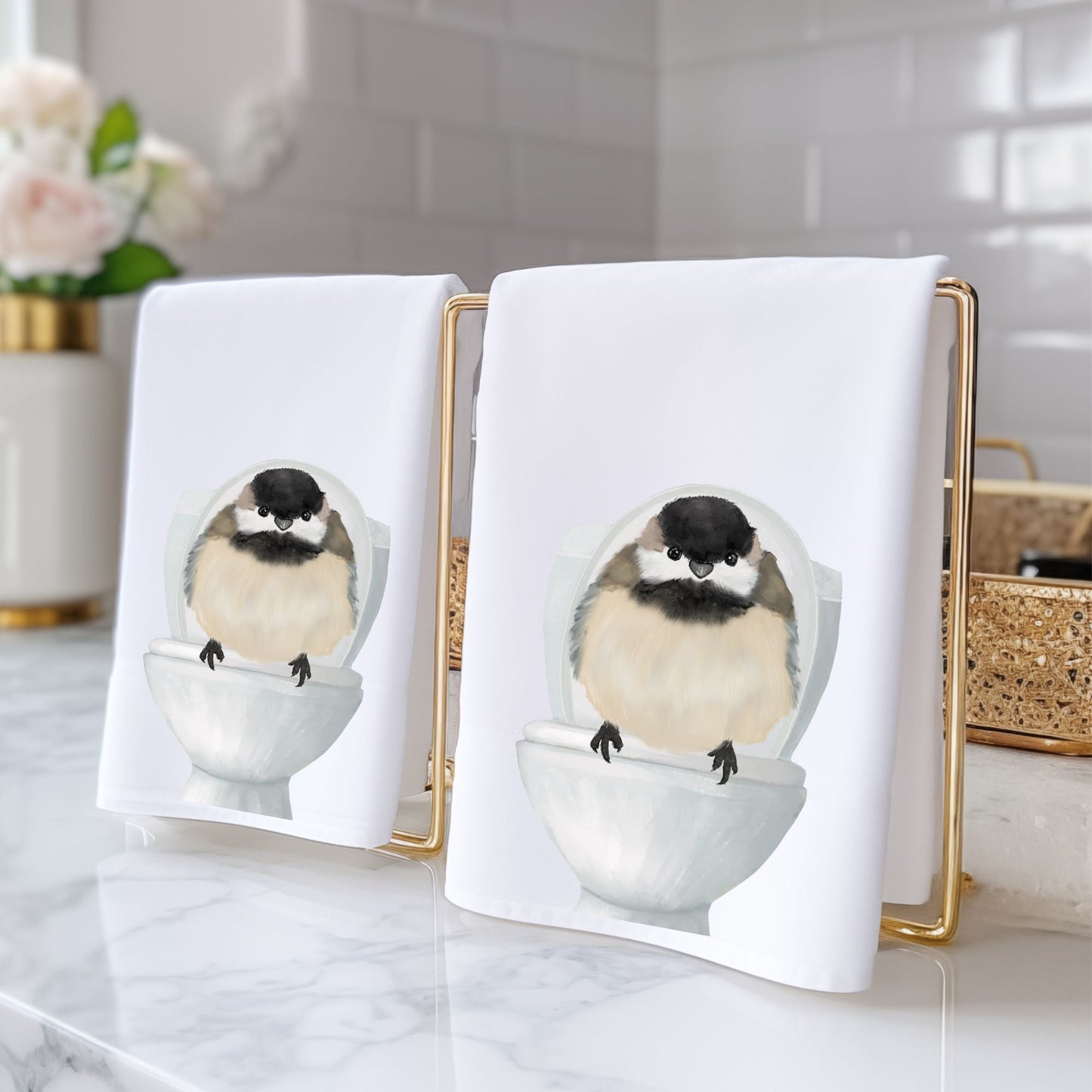 Chickadee on Toilet Bathroom Towel - MerikaArt