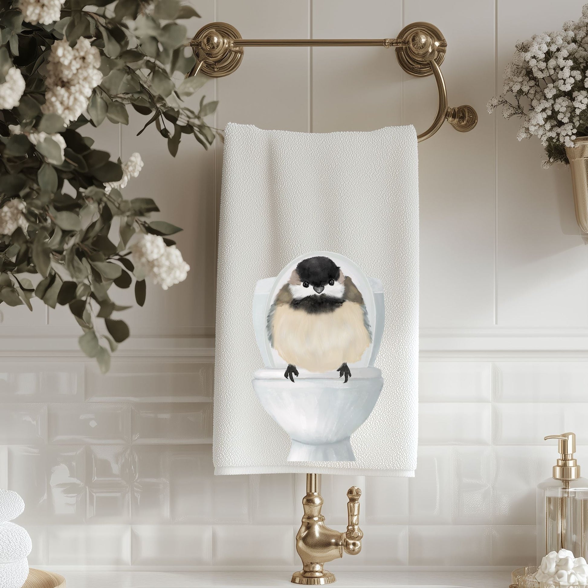 Chickadee on Toilet Bathroom Towel - MerikaArt