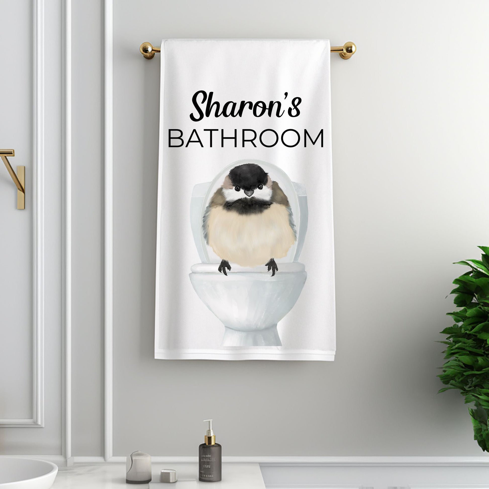 Chickadee on Toilet Bathroom Towel - MerikaArt