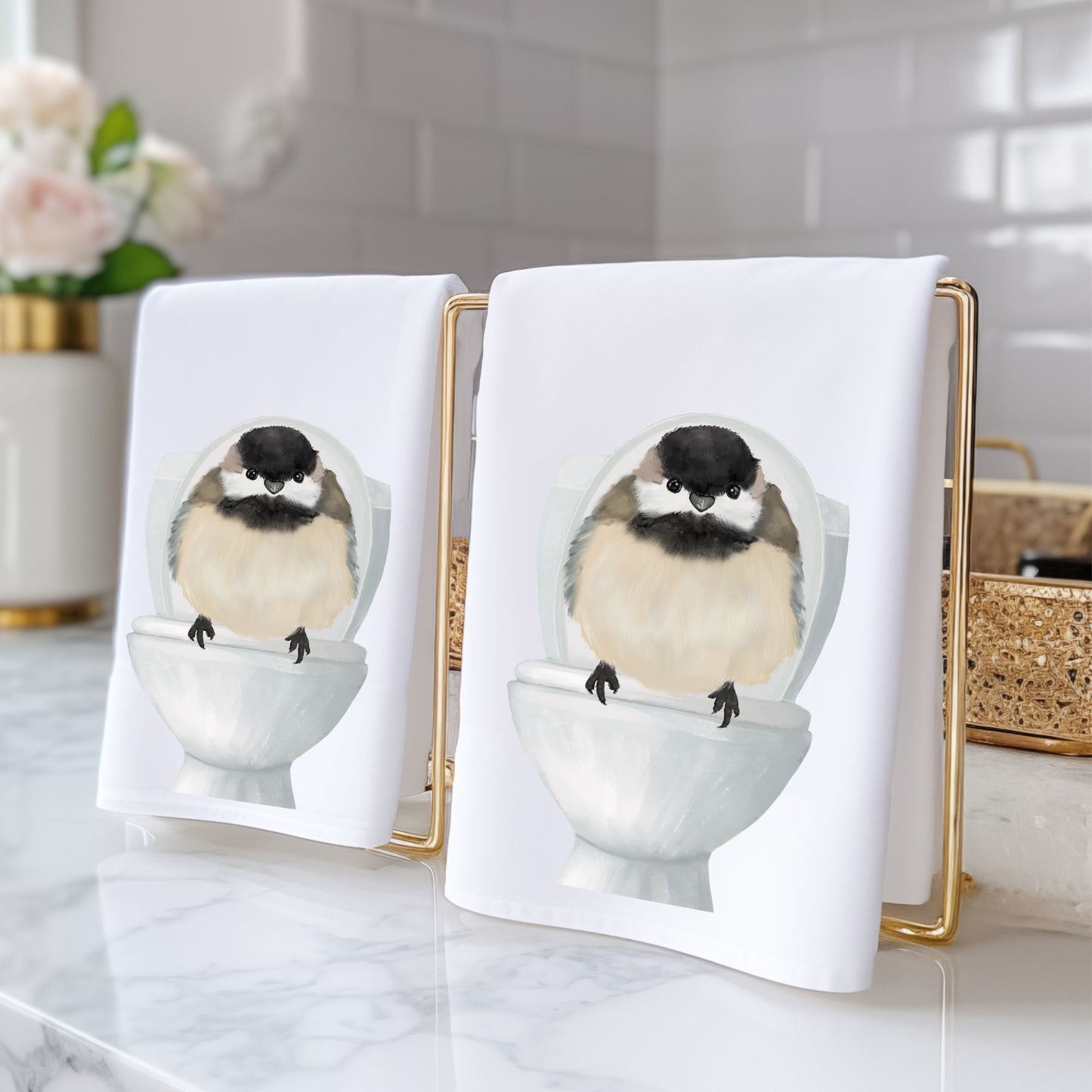 Chickadee on Toilet Bathroom Towel - MerikaArt