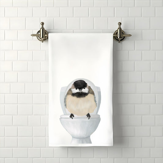 Chickadee on Toilet Bathroom Towel - MerikaArt