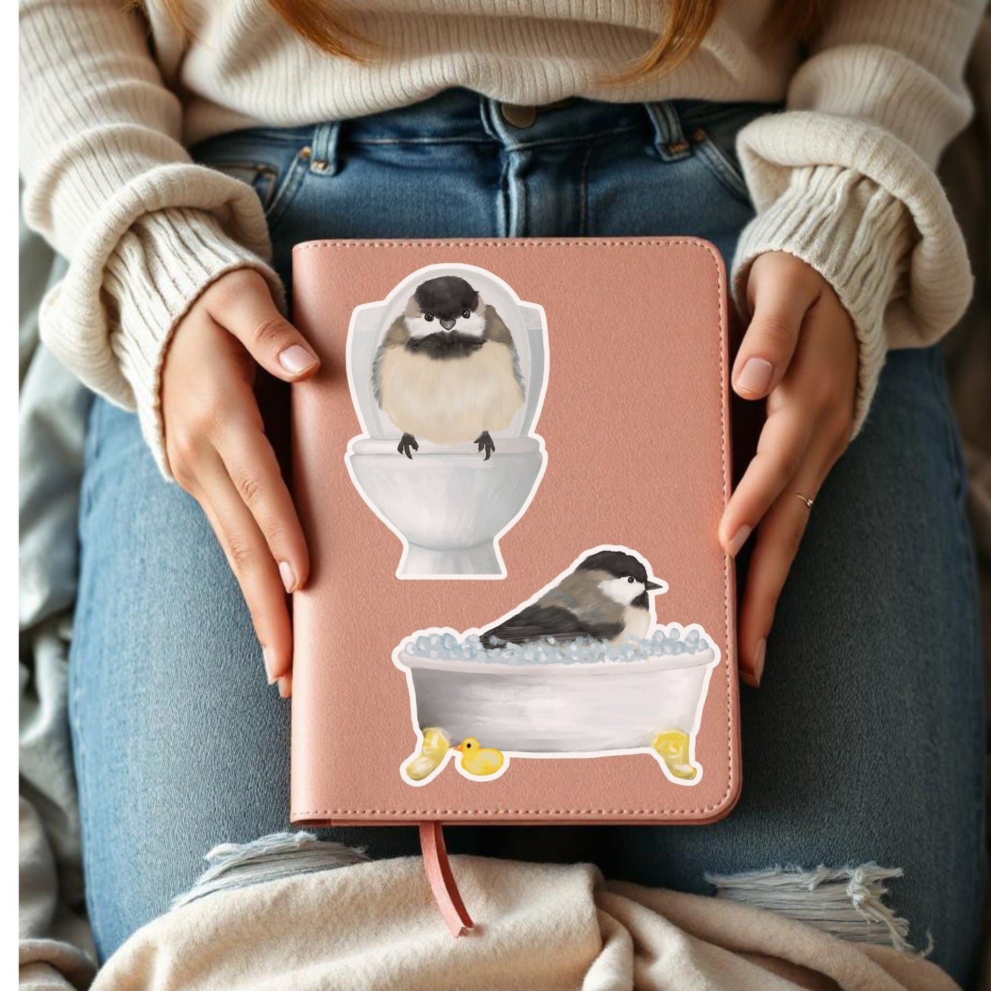 Chickadee on Toilet Vinyl Sticker - MerikaArt